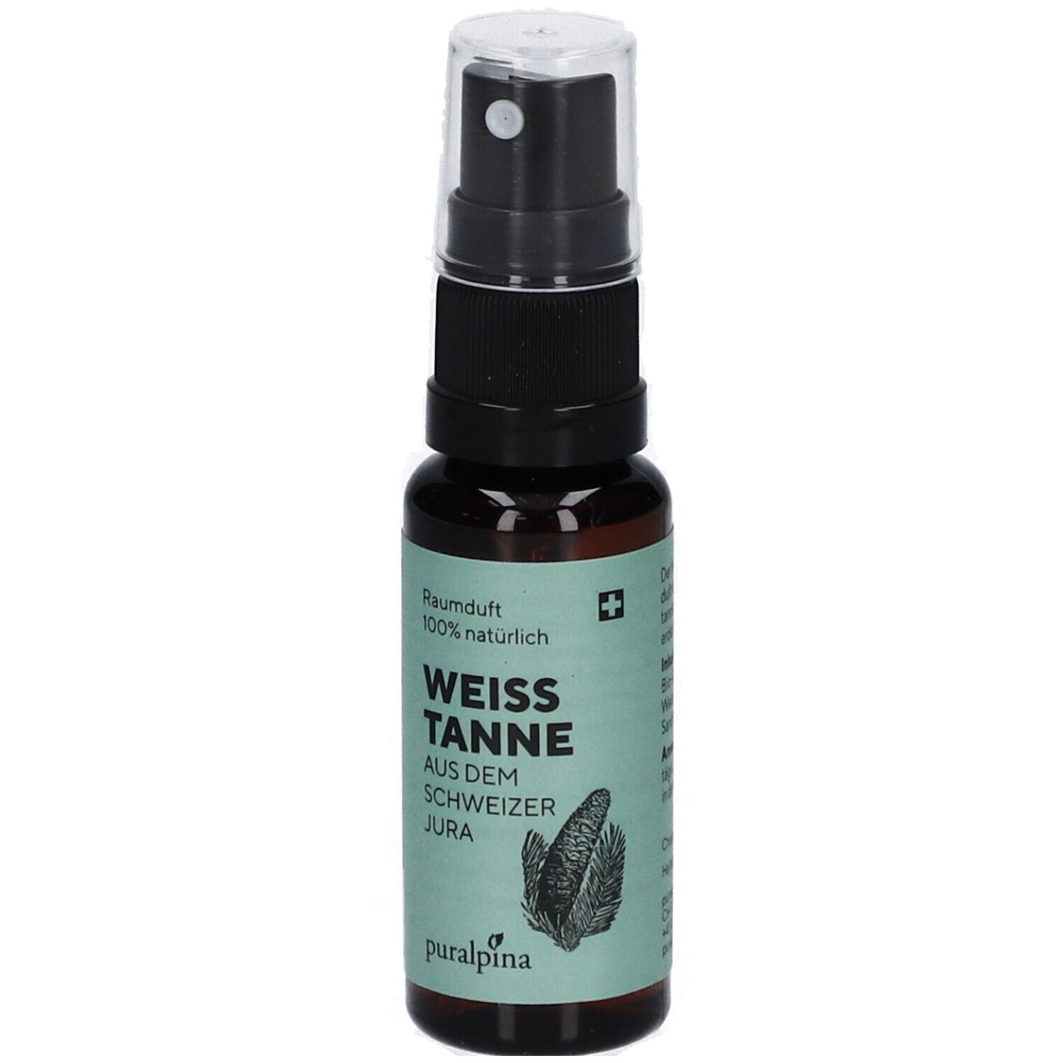 Flacon en verre brun avec vaporisateur noir. Inscription: WEISS TANNE, 100% naturel. Illustration d'une pomme de pin.