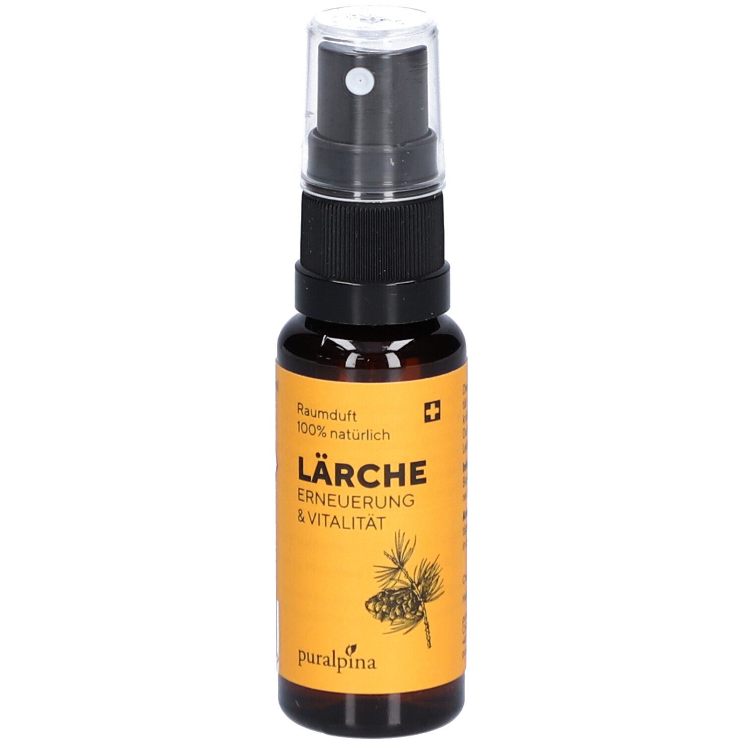 Flacon en verre brun avec vaporisateur. Étiquette avec texte: Lärche, Erneuerung & Vitalität. Croix suisse.