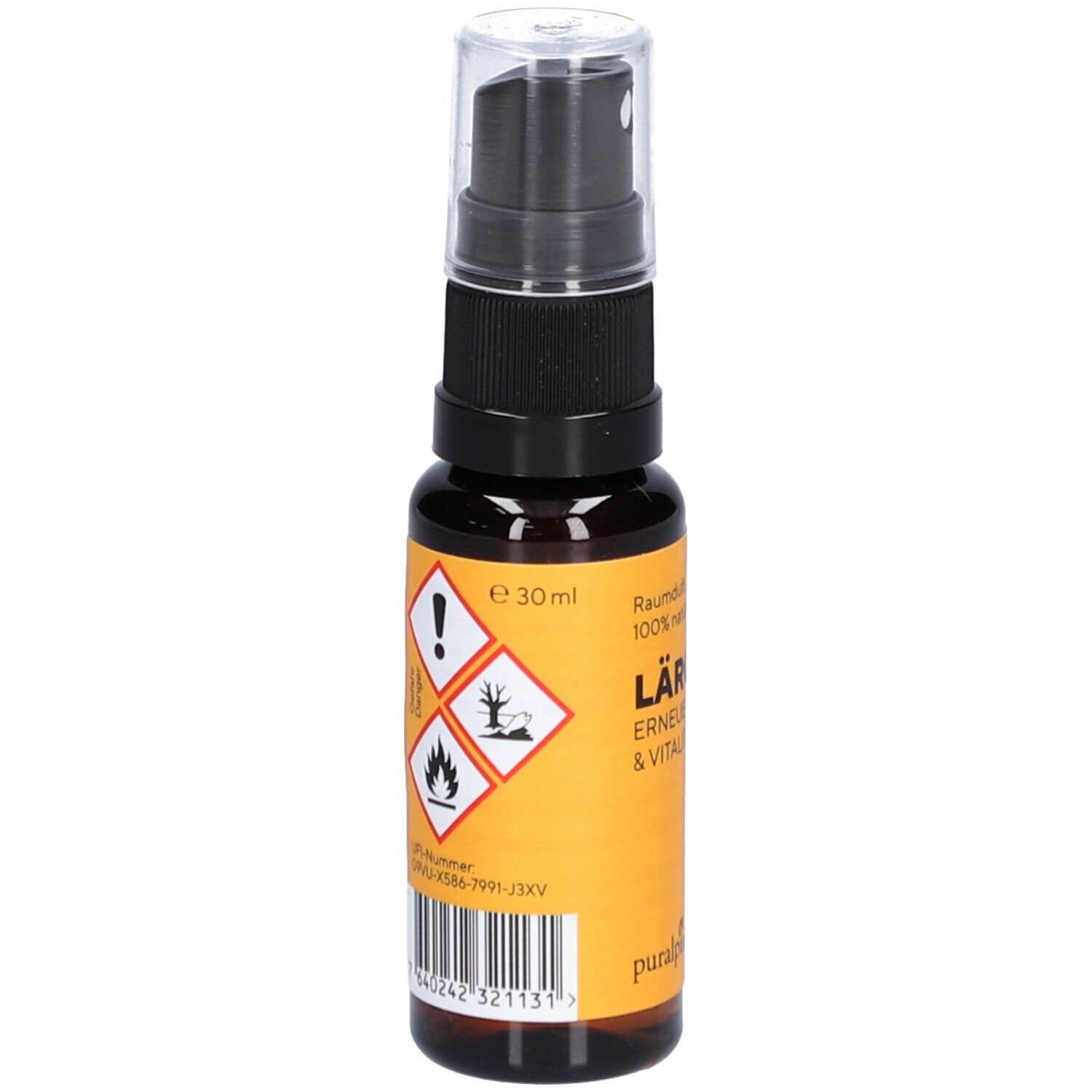 Flacon en verre brun avec vaporisateur. Étiquette avec symboles d'avertissement et texte: Lärche, Erneuerung & Vitalität. 30 ml.