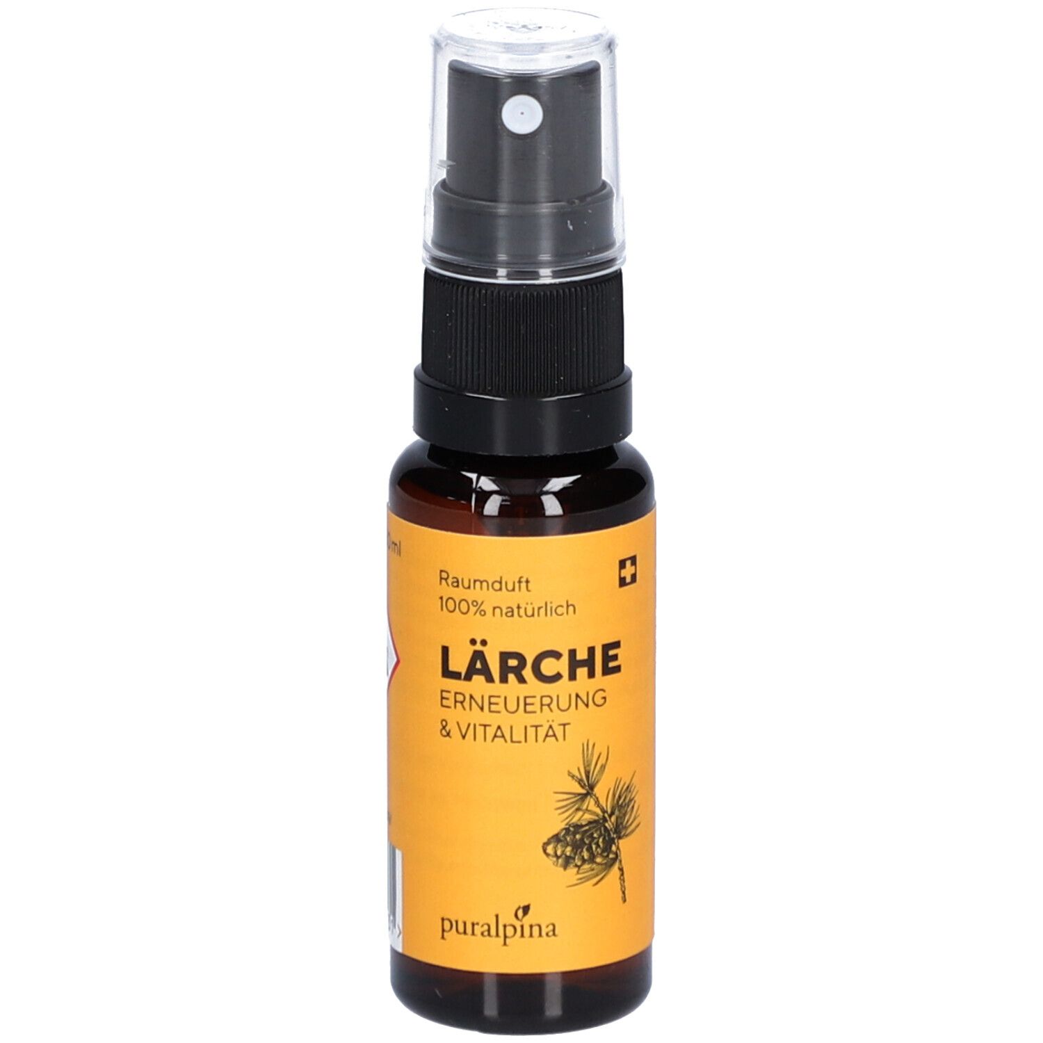 Flacon en verre brun avec vaporisateur. Étiquette avec texte: Lärche, Erneuerung & Vitalität. Croix suisse et logo.