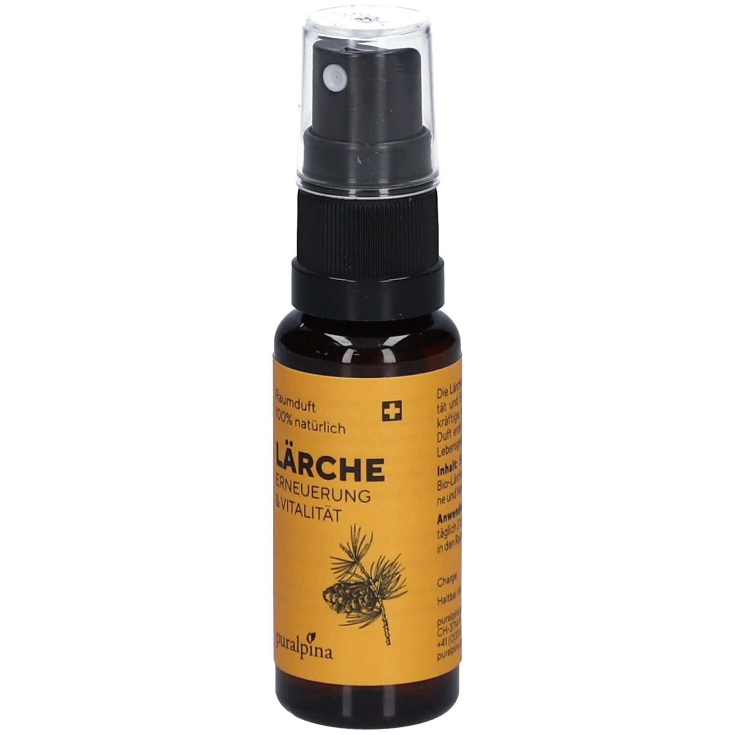 Flacon en verre brun avec vaporisateur. Étiquette avec texte: Lärche, Erneuerung & Vitalität. Croix suisse et logo.