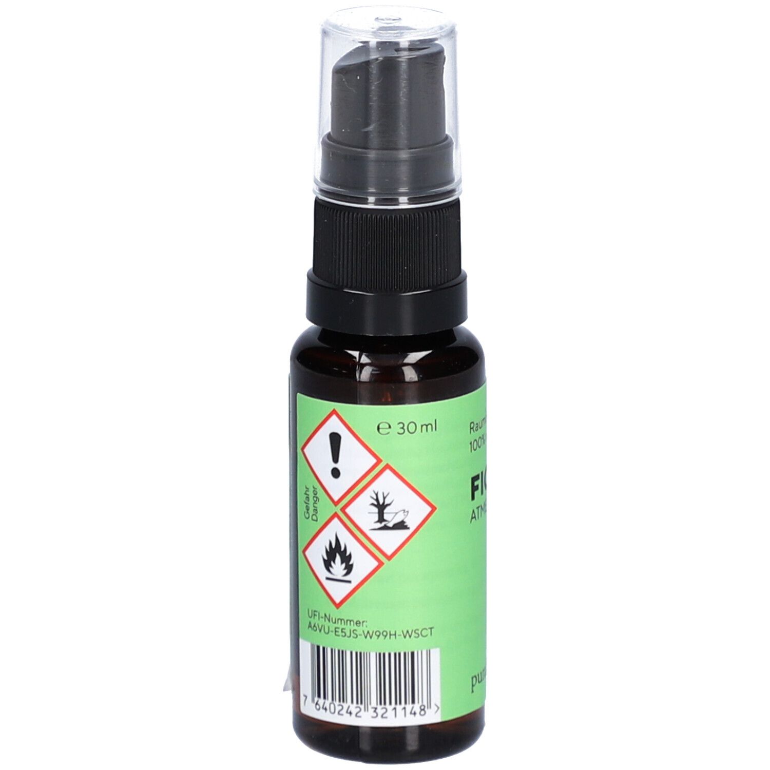 Flacon en verre brun avec vaporisateur. Étiquette verte et blanche avec symboles d'avertissement et texte. E 30ml.