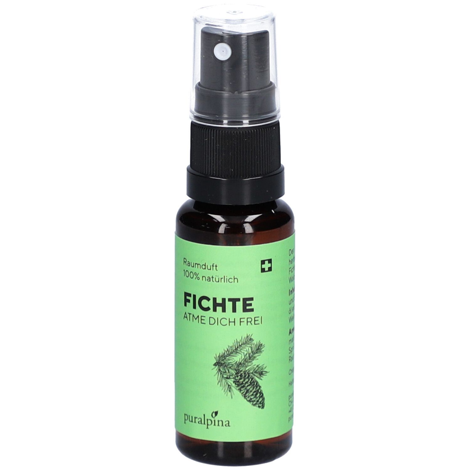 Flacon en verre brun avec vaporisateur. Étiquette verte et blanche avec texte et illustration de branche d'épicéa. Croix suisse.