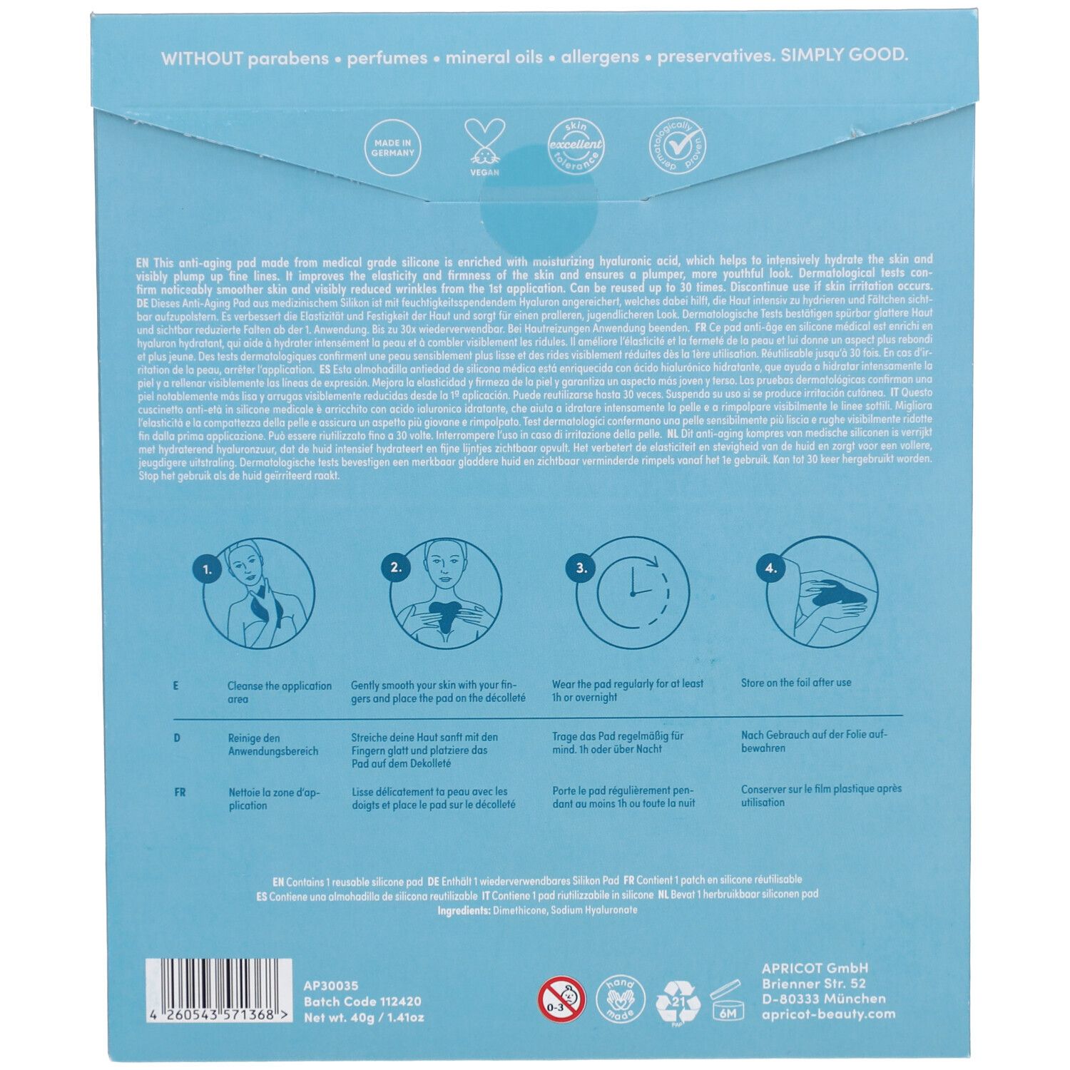 Rückseite der Verpackung mit Anwendungsanleitung und Inhaltsstoffen. Hergestellt aus medizinischem Silikon.