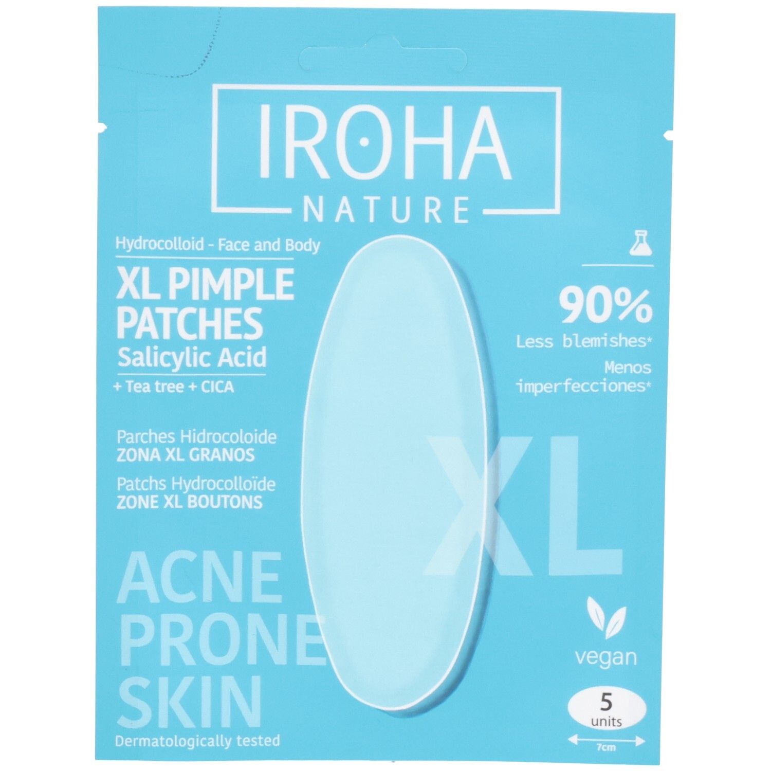 Emballage bleu et blanc avec patch ovale. Texte: IROHA NATURE, XL Pimple Patches, acide salicylique, peau à tendance acnéique. 5 unités.