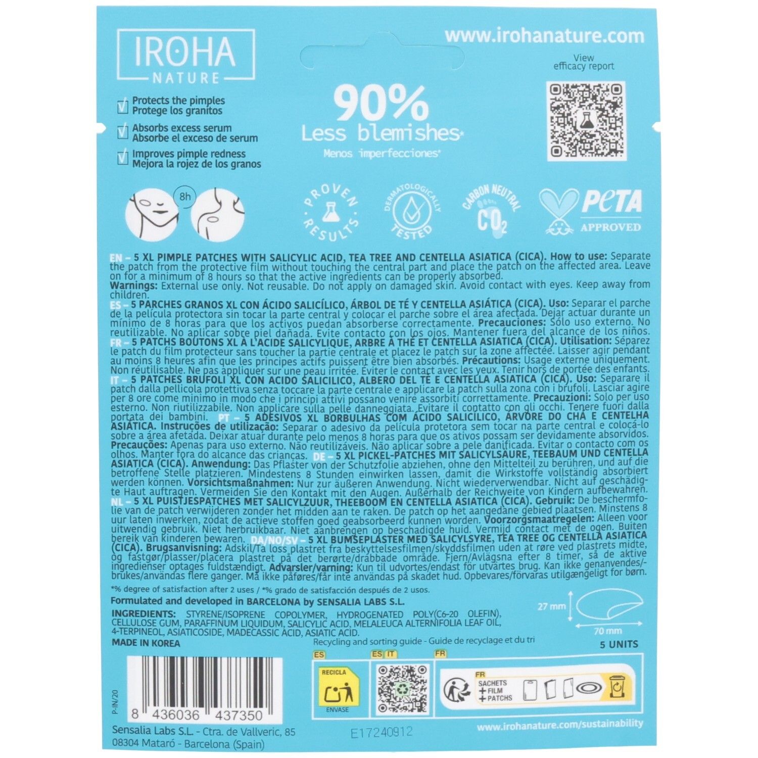 Dos de l'emballage. Texte: IROHA NATURE, 90% moins d'imperfections. Ingrédients, instructions d'utilisation, 5 unités.