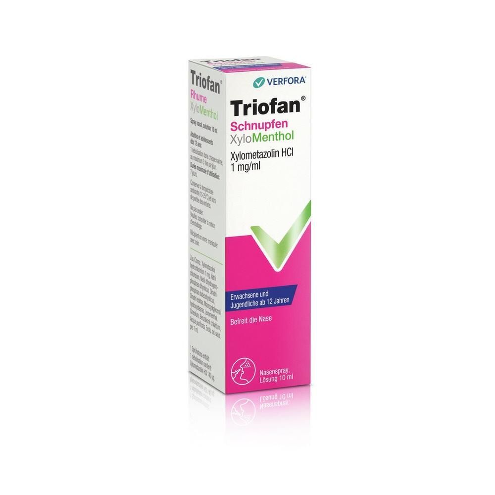 Verfora TrioFan Schnupfen XyloMenthol Nasenspray. Weiße und pinke Verpackung mit Produktnamen und Inhaltsangabe.