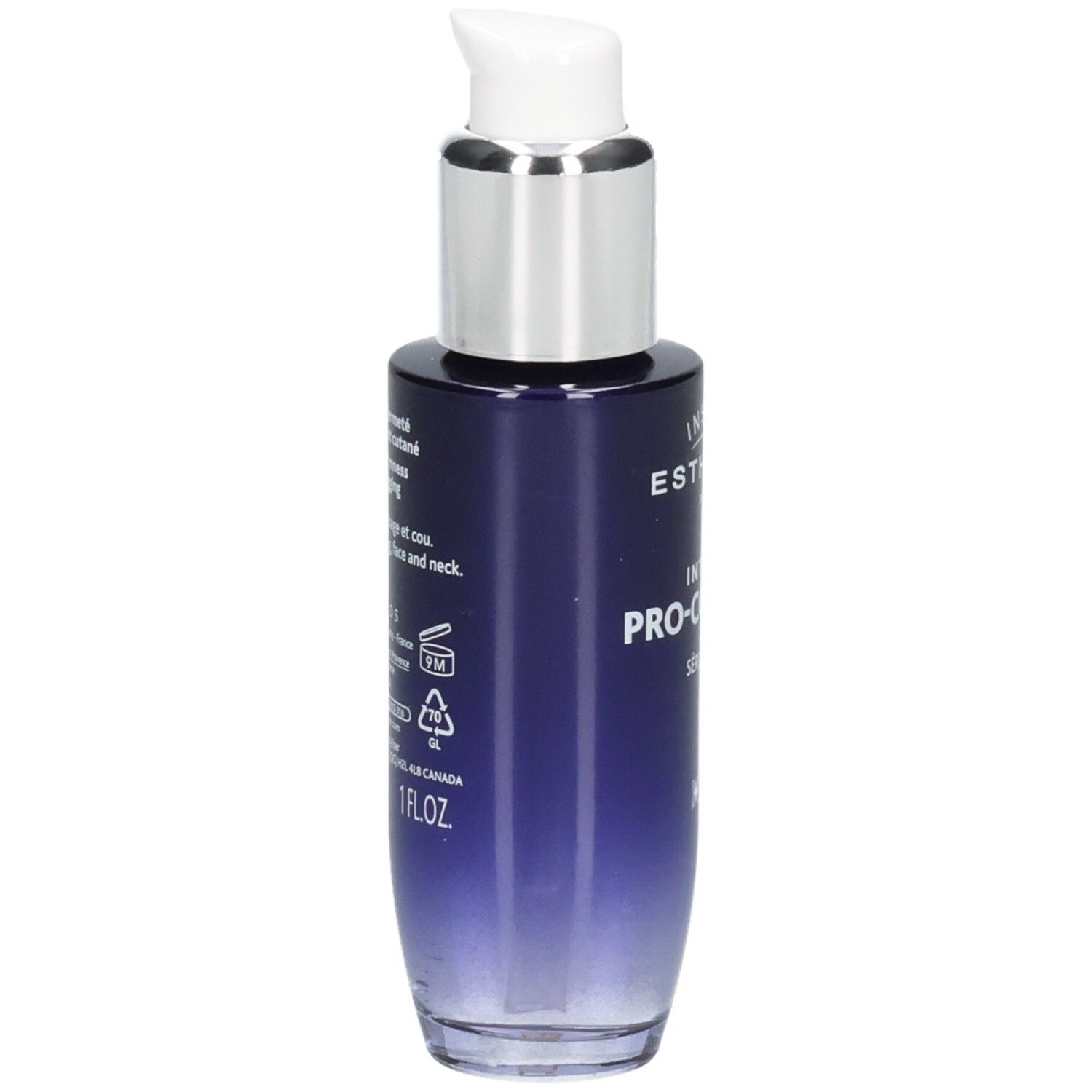 Institut Esthederm Serum, Rückseite mit Anwendungshinweisen und Produktinformationen. Dunkelblaues Glasfläschchen.