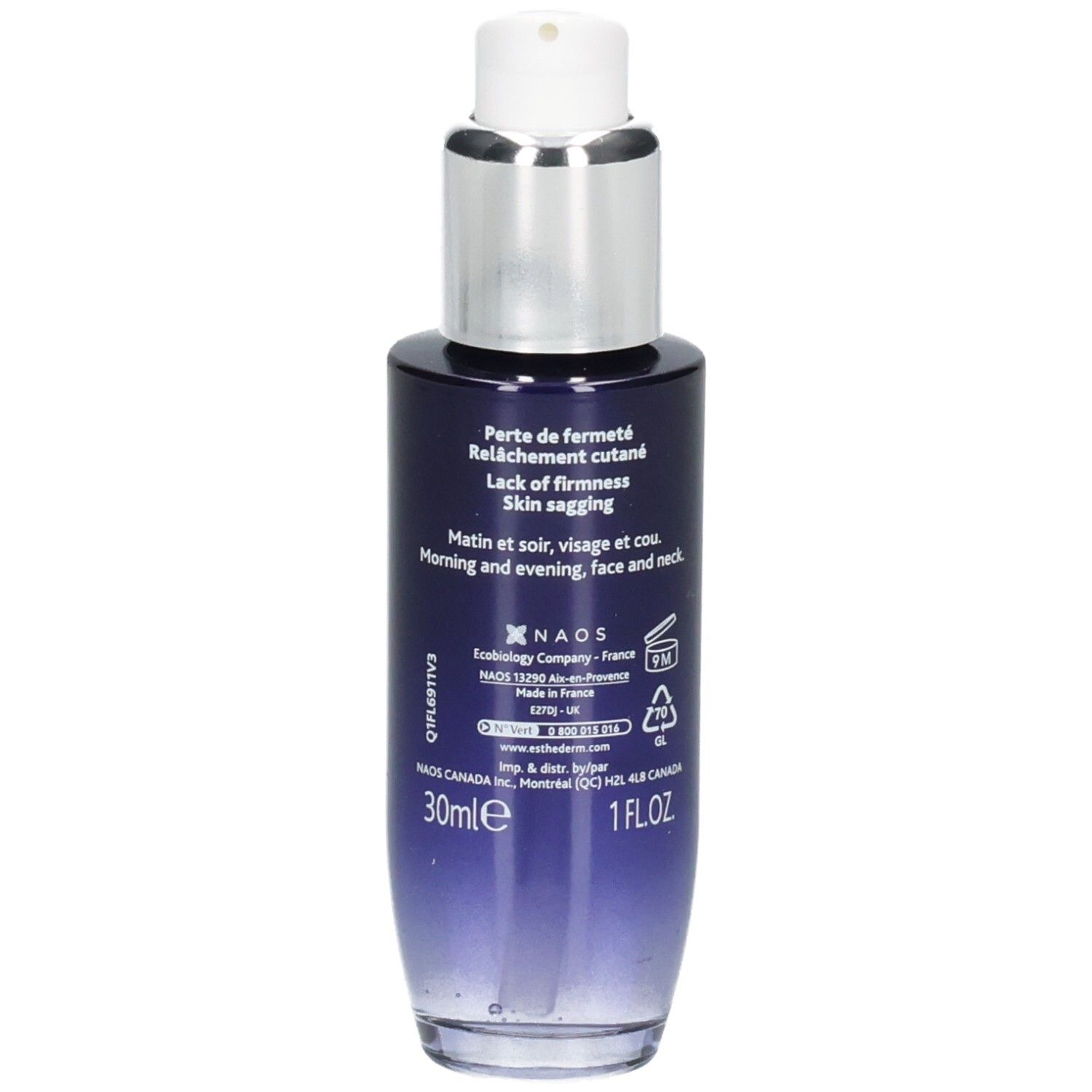 Institut Esthederm Serum, Rückseite mit Volumenangabe 30ml/1 FL.OZ. und Herkunftsangabe.