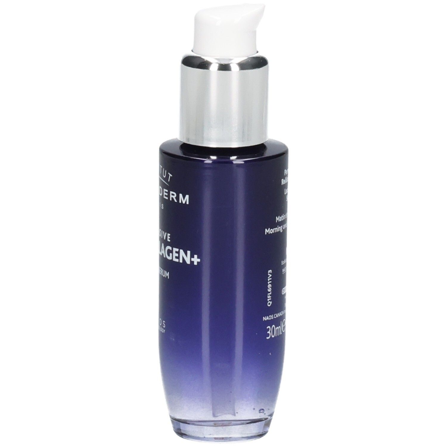 Institut Esthederm Serum, Seitenansicht. Dunkelblaues Glasfläschchen mit silbernem Pumpaufsatz.