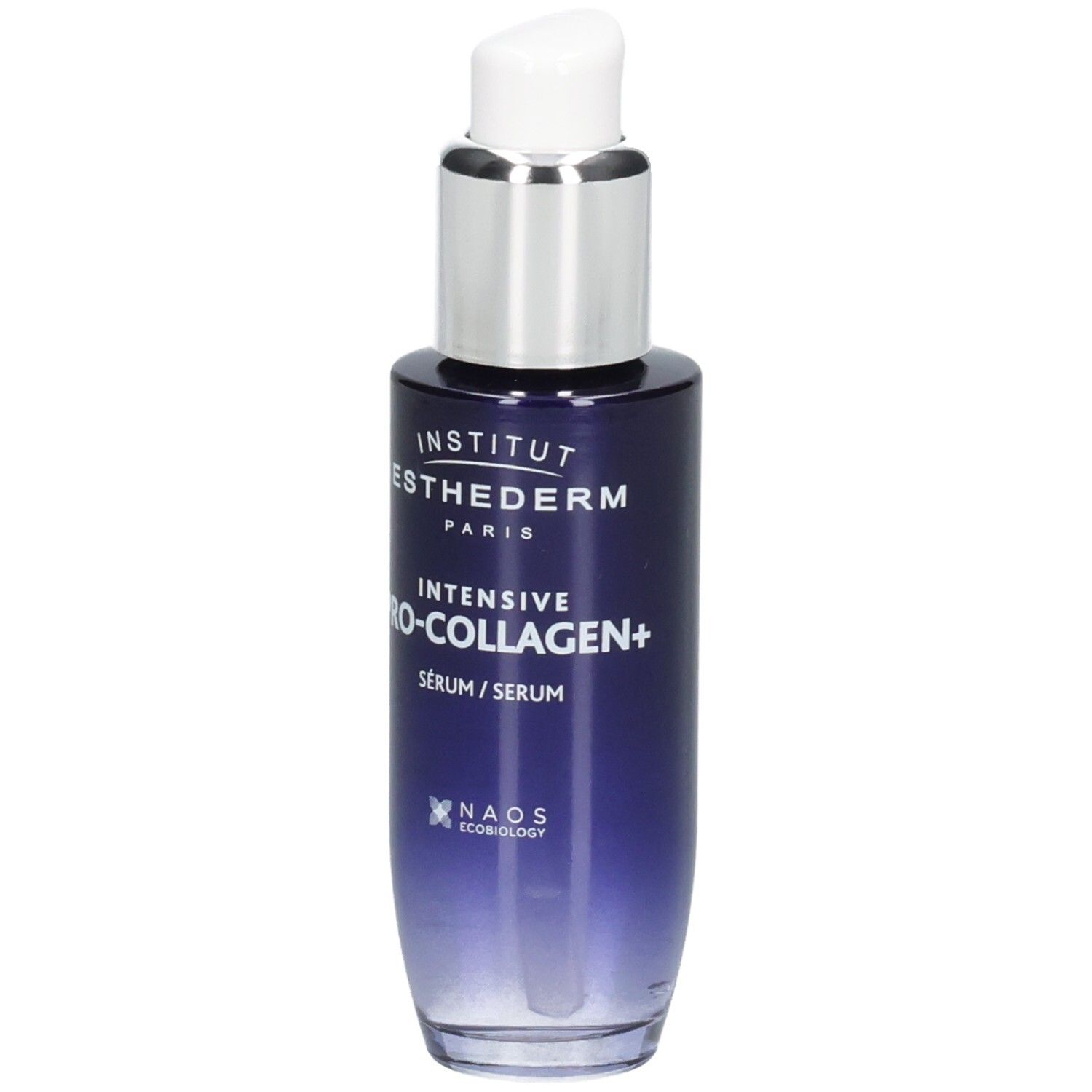 Institut Esthederm Serum mit Pipettenverschluss. Dunkelblaues Glasfläschchen mit silbernem Pumpaufsatz.