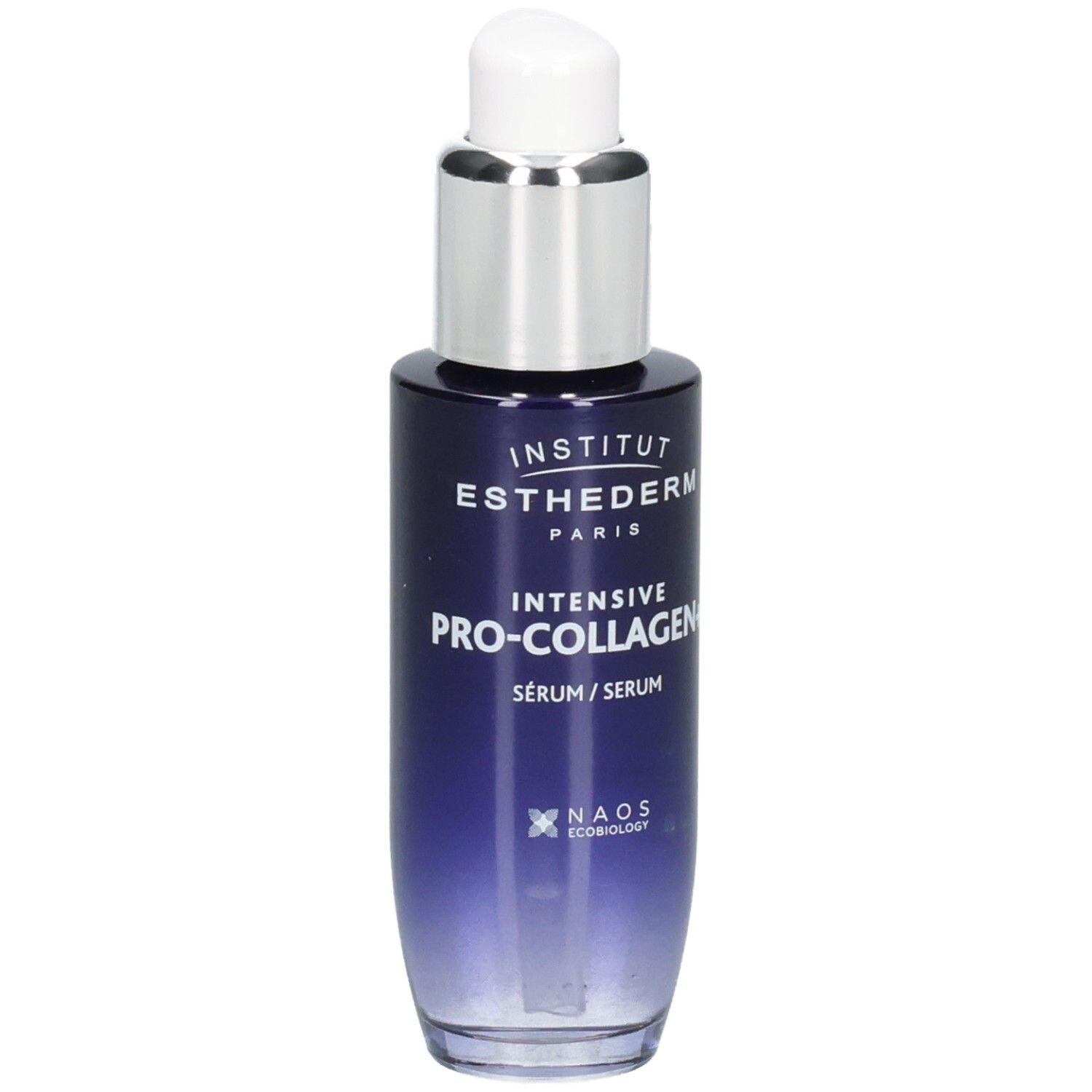 Institut Esthederm Serum mit Pipettenverschluss. Dunkelblaues Glasfläschchen mit silbernem Pumpaufsatz.