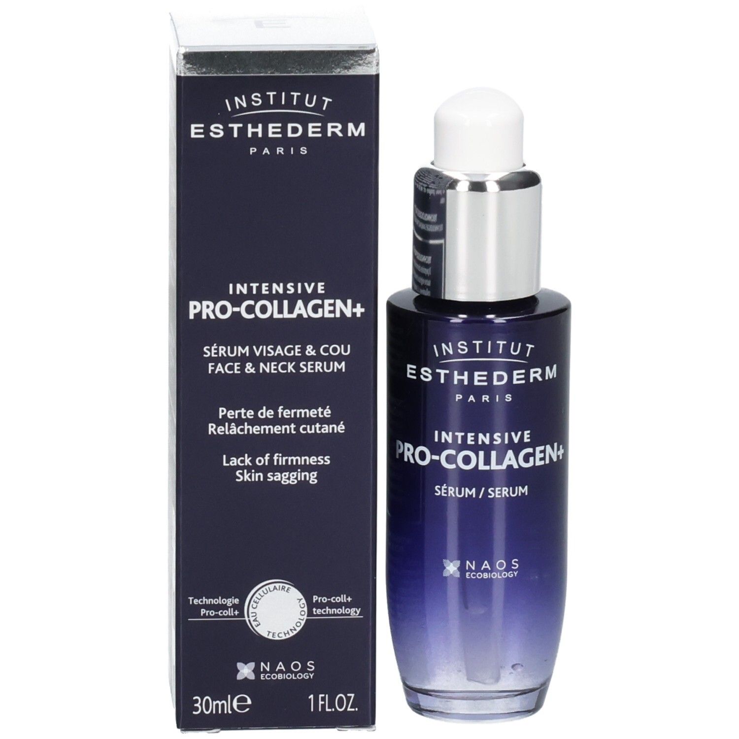 Institut Esthederm Serum und Umverpackung. Dunkelblaues Fläschchen und Karton mit Produktinformationen.