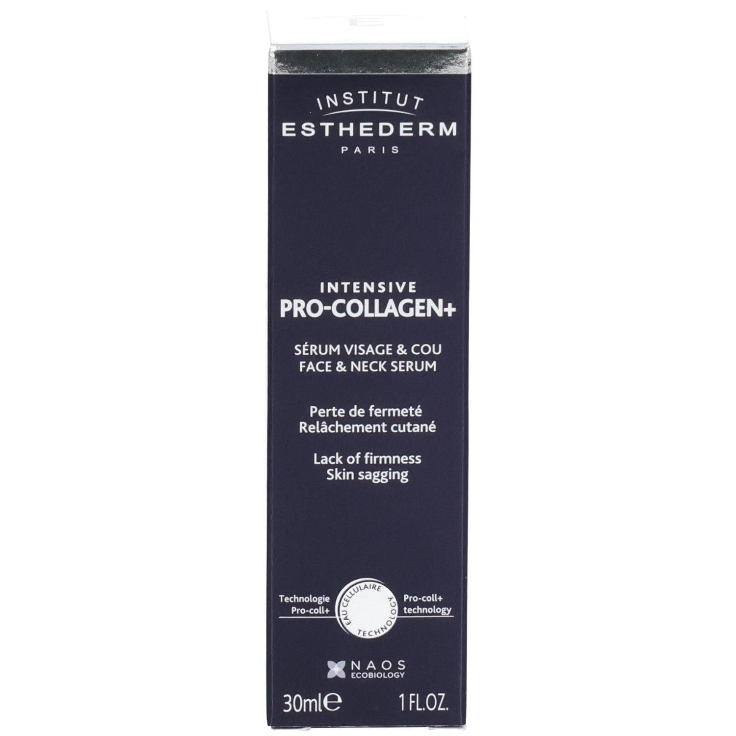 Institut Esthederm Serum Umverpackung. Dunkelblaue Kartonverpackung mit Produktinformationen und Siegeln.