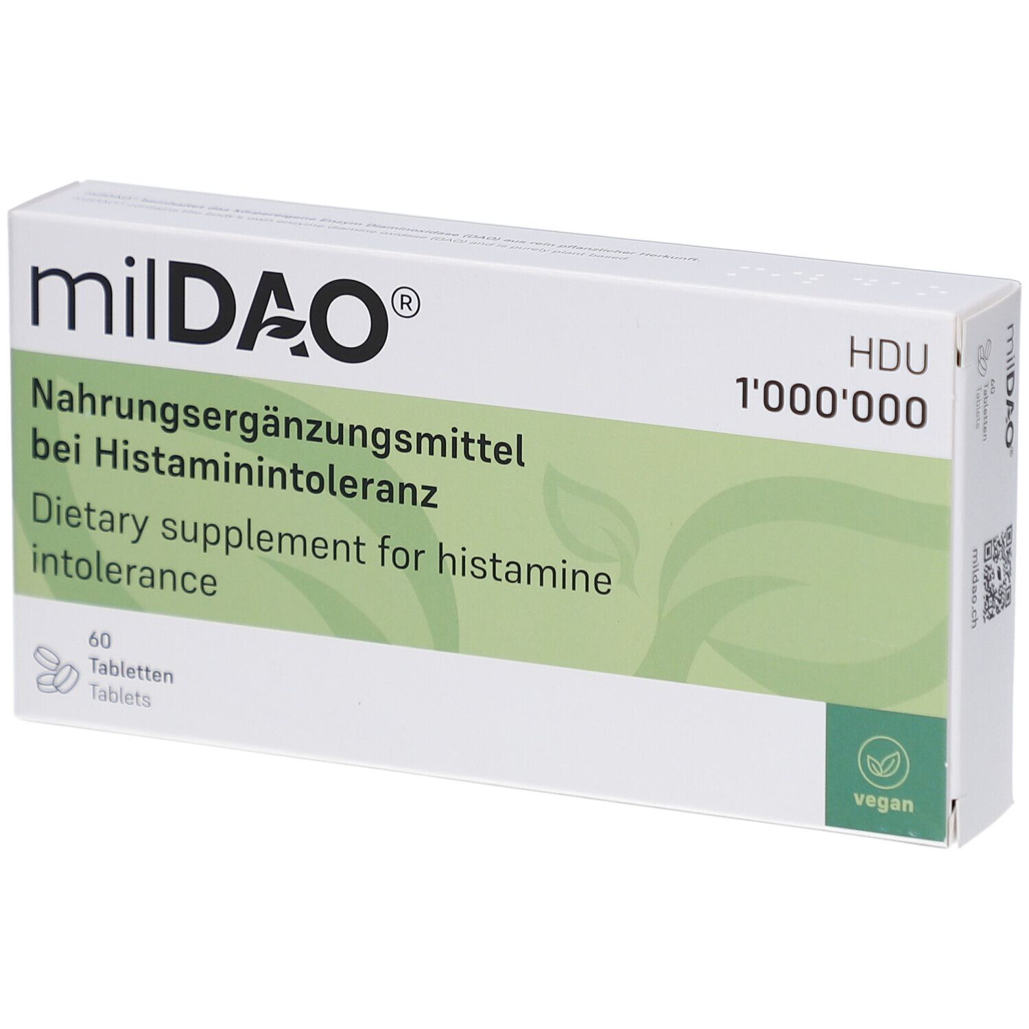 Boîte blanche avec logo milDAO et éléments verts. Contient 60 comprimés. Label vegan.