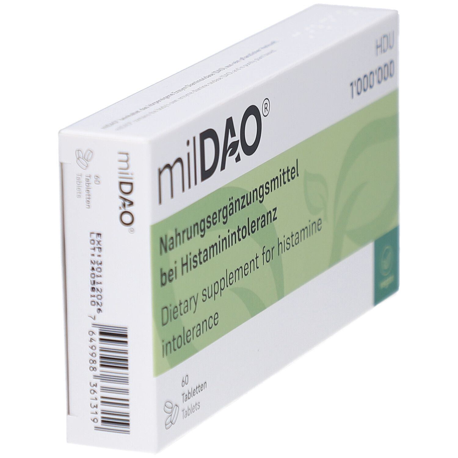 Boîte milDAO en biais. Contient 60 comprimés. Inscription: Dietary supplement for histamine intolerance.