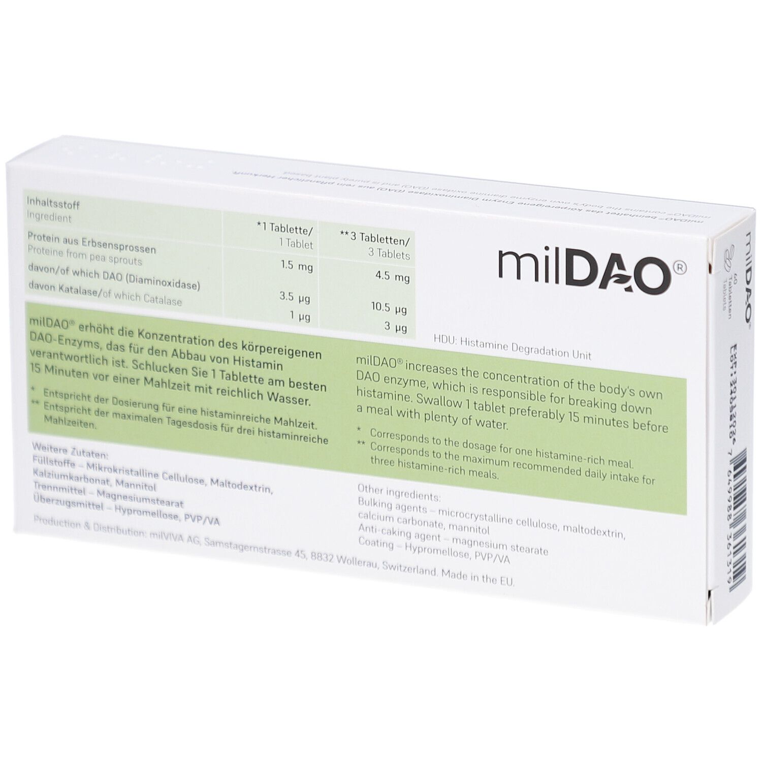 Dos de la boîte milDAO. Contient des informations sur les ingrédients et le dosage. Texte en allemand et en anglais.