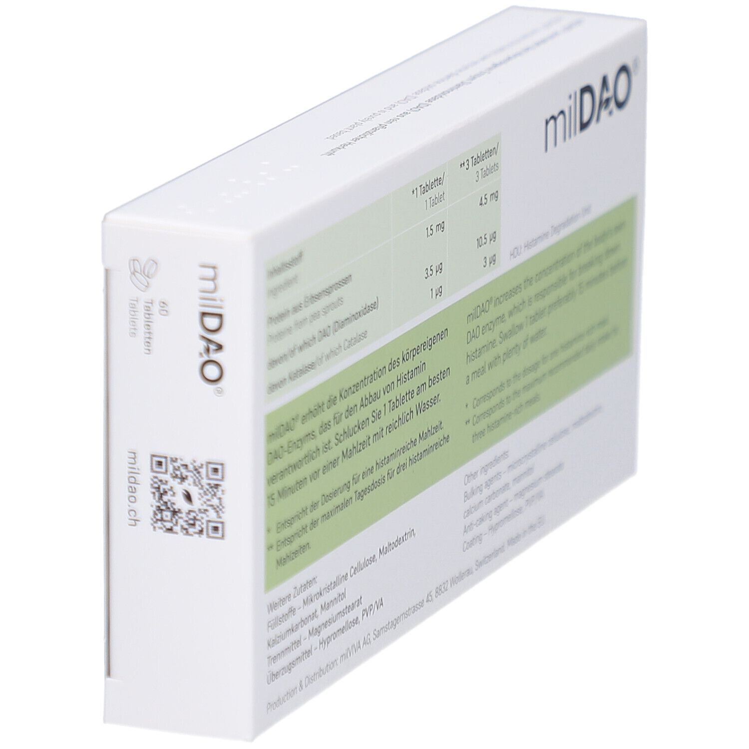 Boîte milDAO en biais. Dos avec informations sur les ingrédients et le dosage. Texte en allemand et anglais.