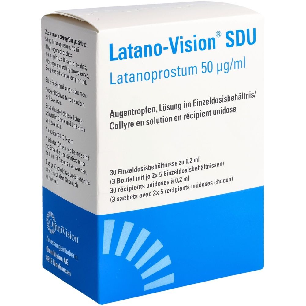 Verpackung von Augentropfen. Aufschrift: Latano-Vision SDU, Latanoprostum 50 µg/ml. 30 Einzeldosisbehältnisse.
