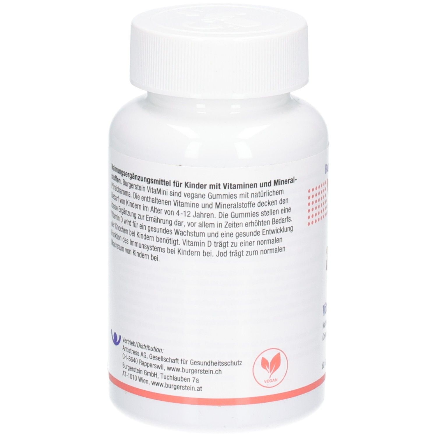 Weiße Flasche mit veganen Vitamin- und Mineralstoff-Gummys für Kinder.