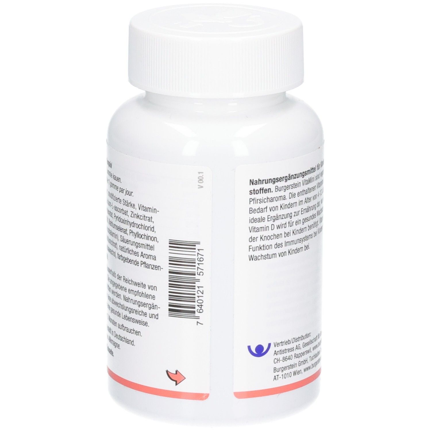 Weiße Pillendose mit blauem und weißem Etikett, 'Abtei Vitamin D' Schriftzug.