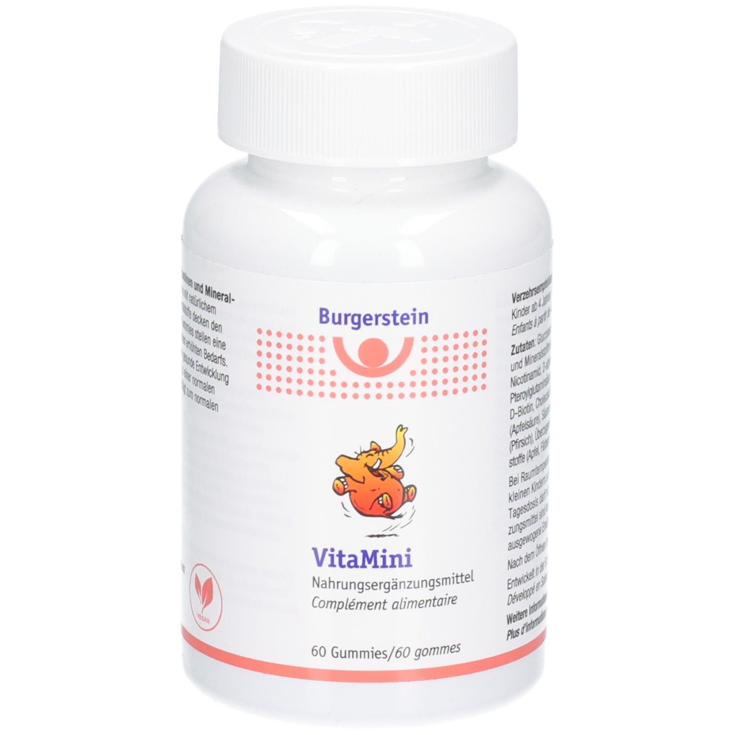 Weiße Dose mit Aufdruck "Burgerstein VitaMini" und 60 Gummies.