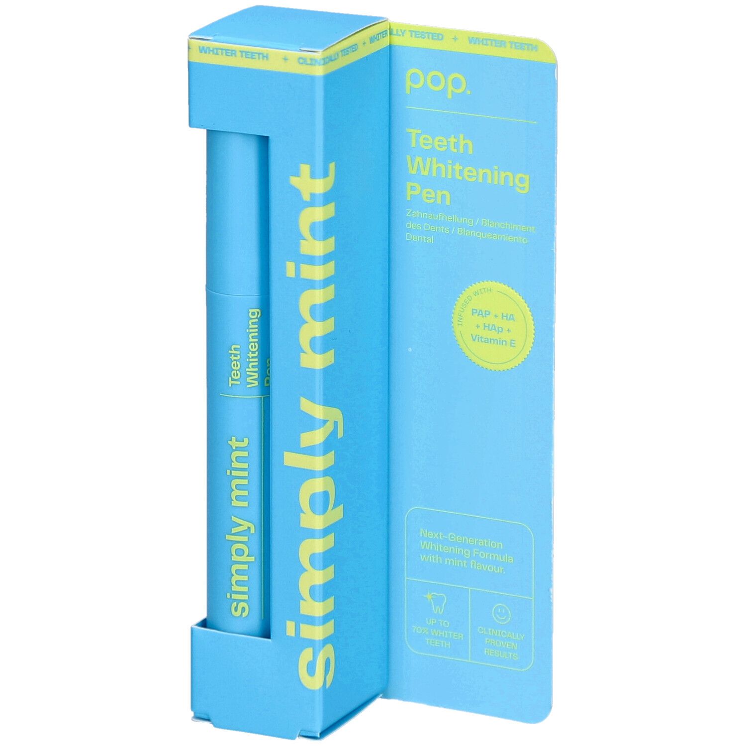 Ensemble de stylo blanchissant pour les dents bleu Pop. Le stylo et l'emballage indiquent "Simply Mint". L'emballage est ouvert.
