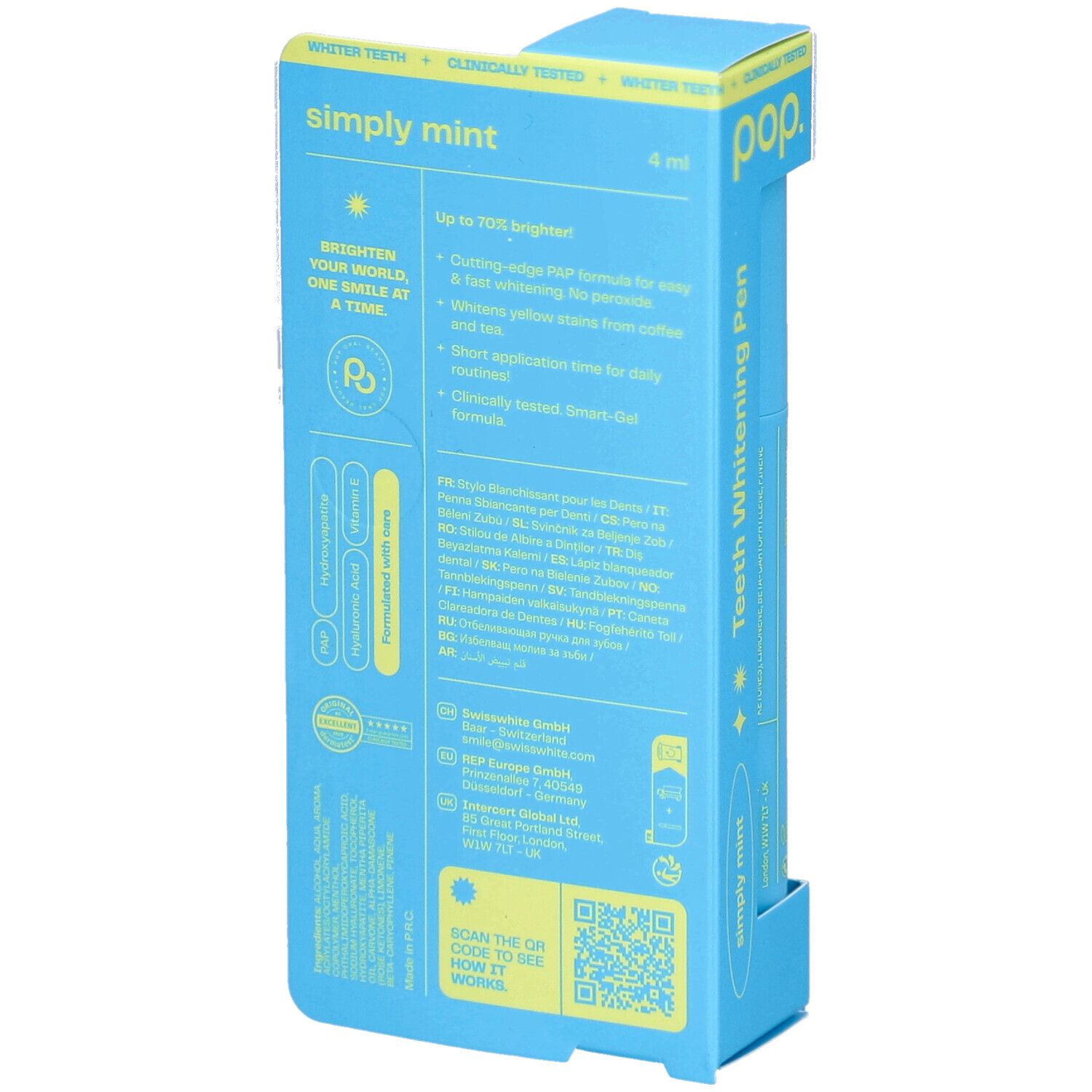 Dos de l'emballage du stylo blanchissant pour les dents bleu Pop. Informations textuelles et un code QR sont visibles.
