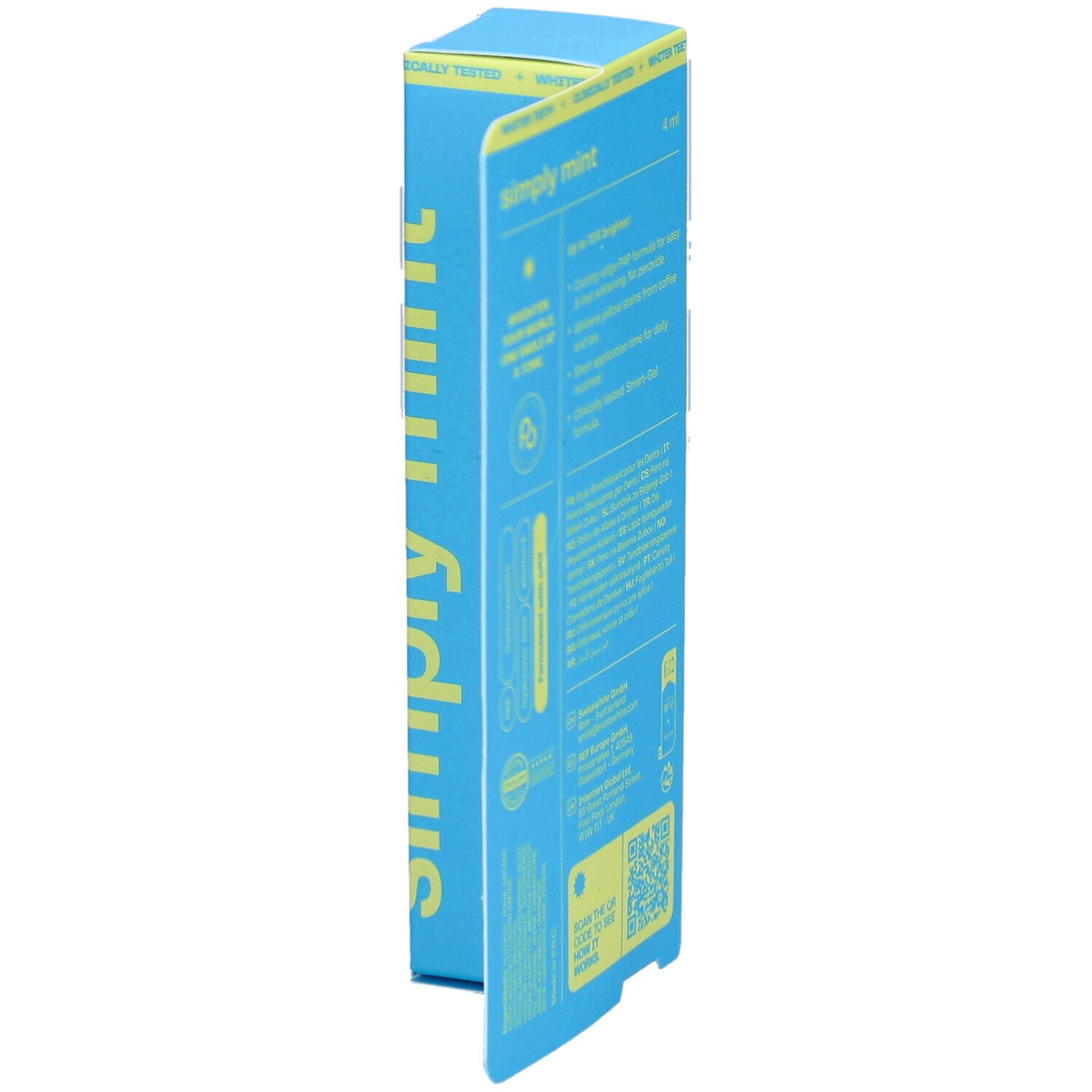 Emballage de stylo blanchissant pour les dents bleu Pop, partiellement ouvert. Des informations textuelles sont visibles.