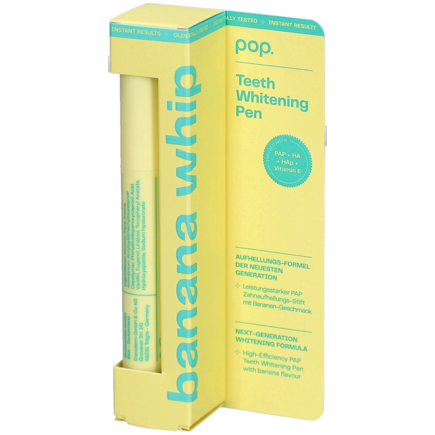 Emballage jaune avec stylo blanchissant Pop. Inscription: Banana Whip. Contient PAP, HA, vitamine E. Informations produit visibles.