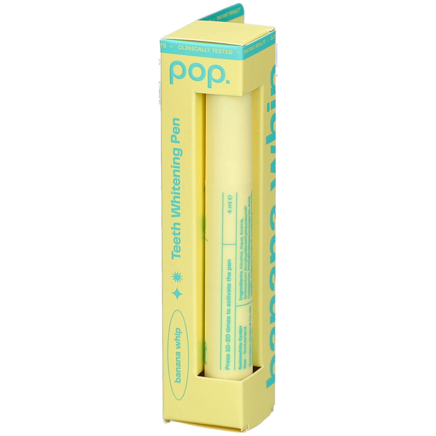 Stylo blanchissant Pop dans un emballage jaune. Inscription: Banana Whip, 4 ml. Contient PAP, HA, vitamine E. Produit visible.