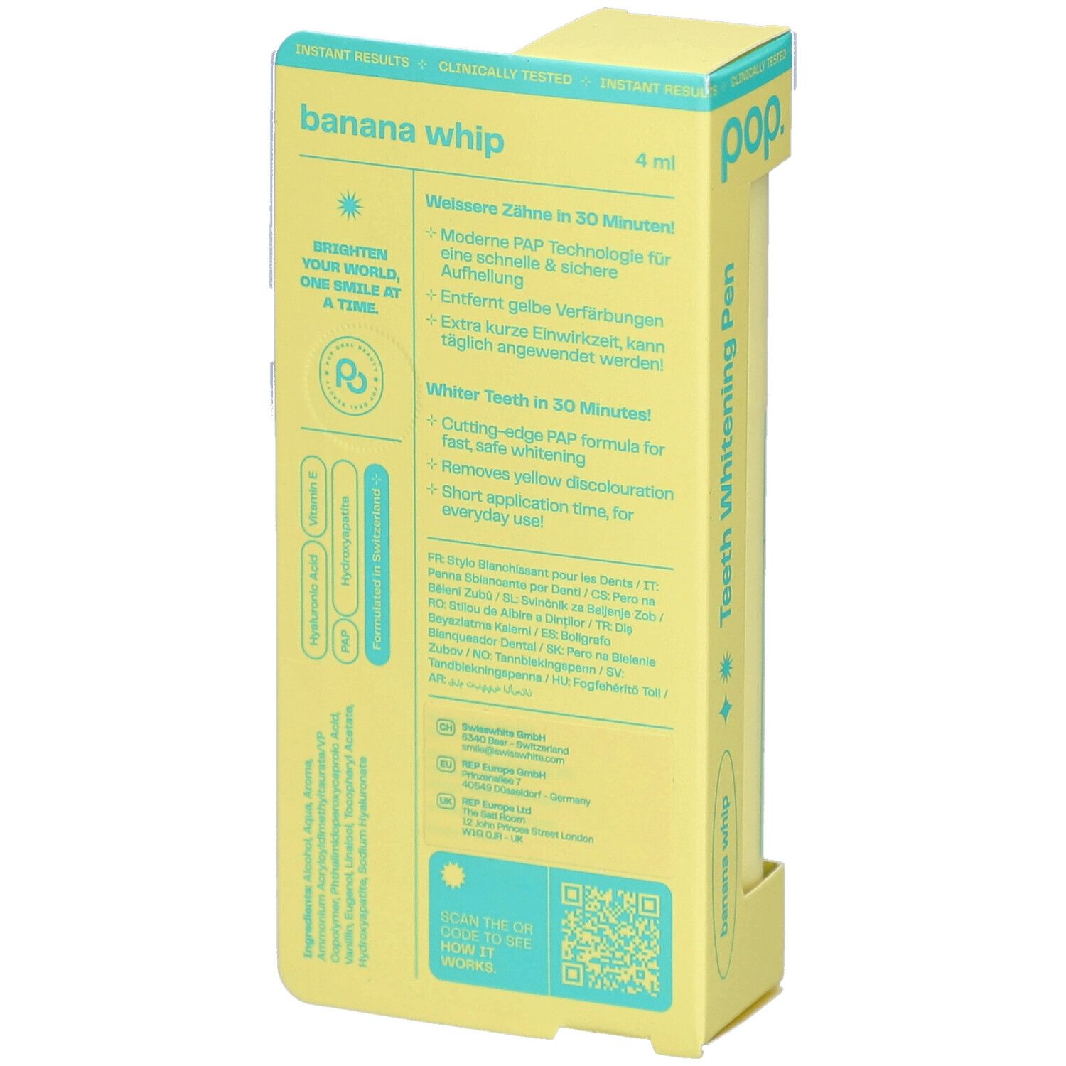 Emballage jaune avec stylo blanchissant Pop. Inscription: Banana Whip, 4 ml. Contient PAP, HA, vitamine E. Texte au dos.