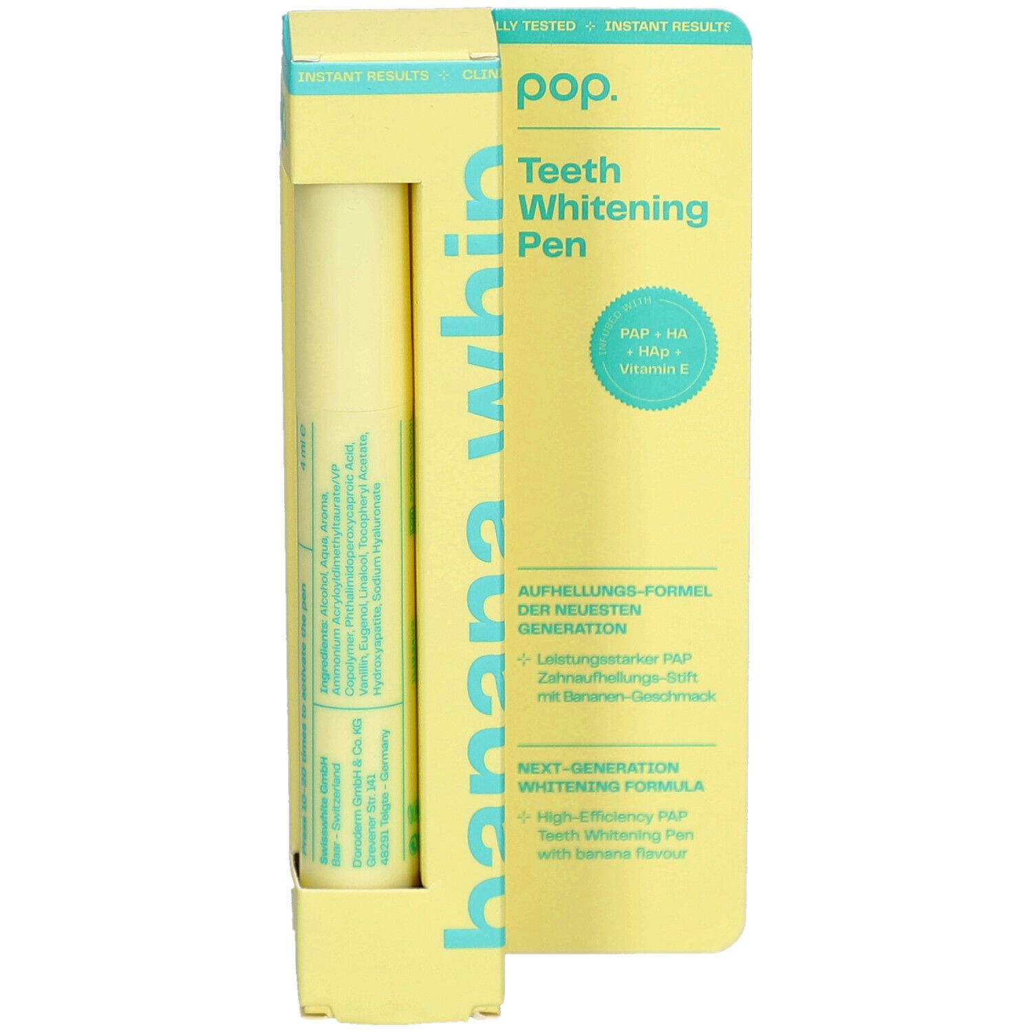 Stylo blanchissant Pop dans un emballage jaune. Inscription: Banana Whip. Contient PAP, HA, vitamine E. Produit visible.