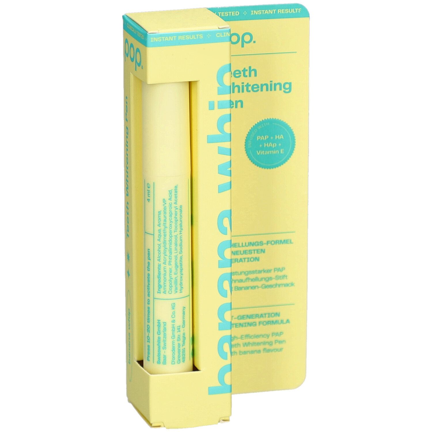 Stylo blanchissant Pop dans un emballage jaune. Inscription: Banana Whip. Contient PAP, HA, vitamine E. Produit visible.