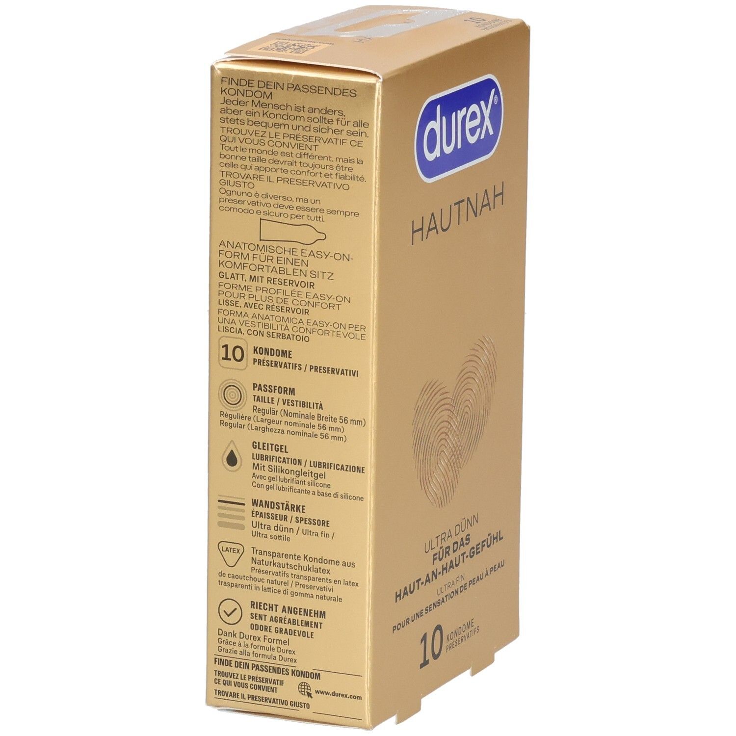 Durex Hautnah Kondompackung von der Seite, goldfarben, mit Detailinformationen und 10 Stück.