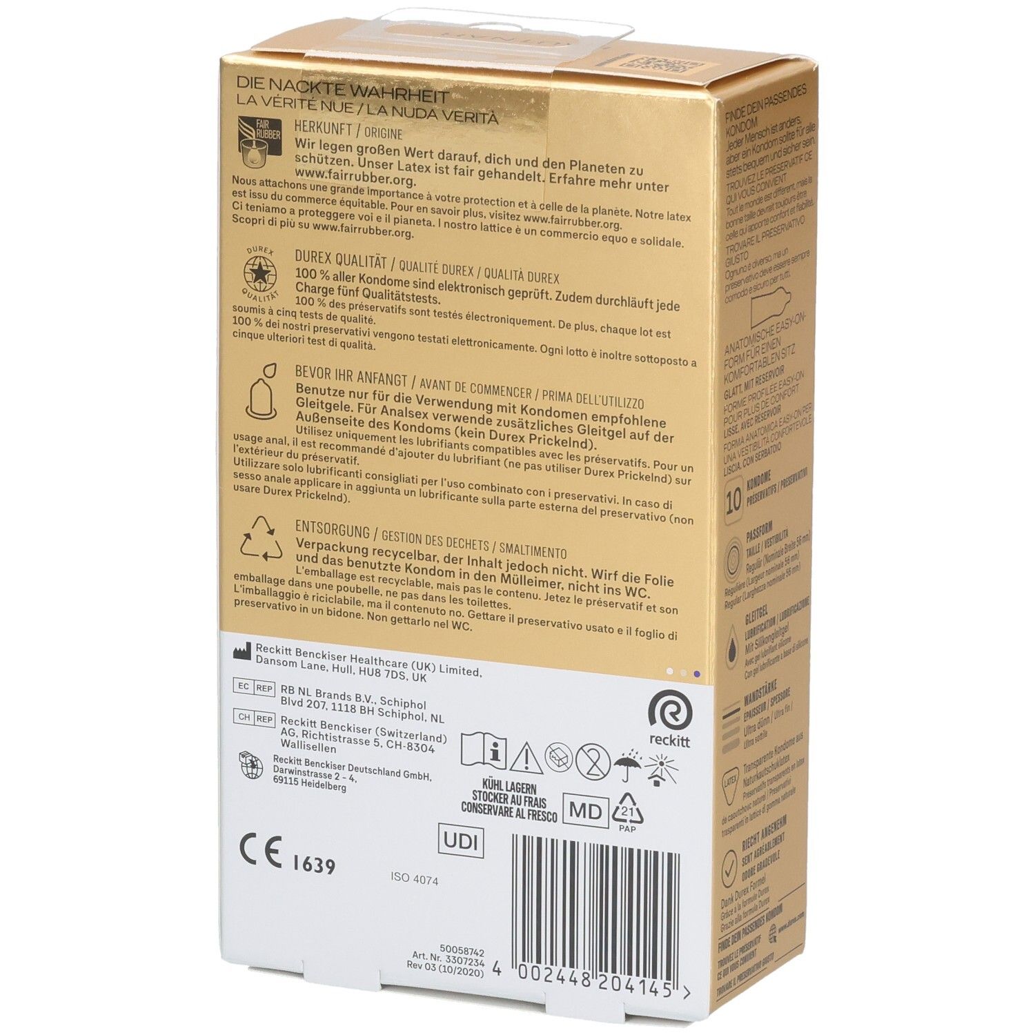 Rückseite einer Durex Hautnah Kondompackung mit Produktinformationen, CE-Kennzeichnung und Barcode.
