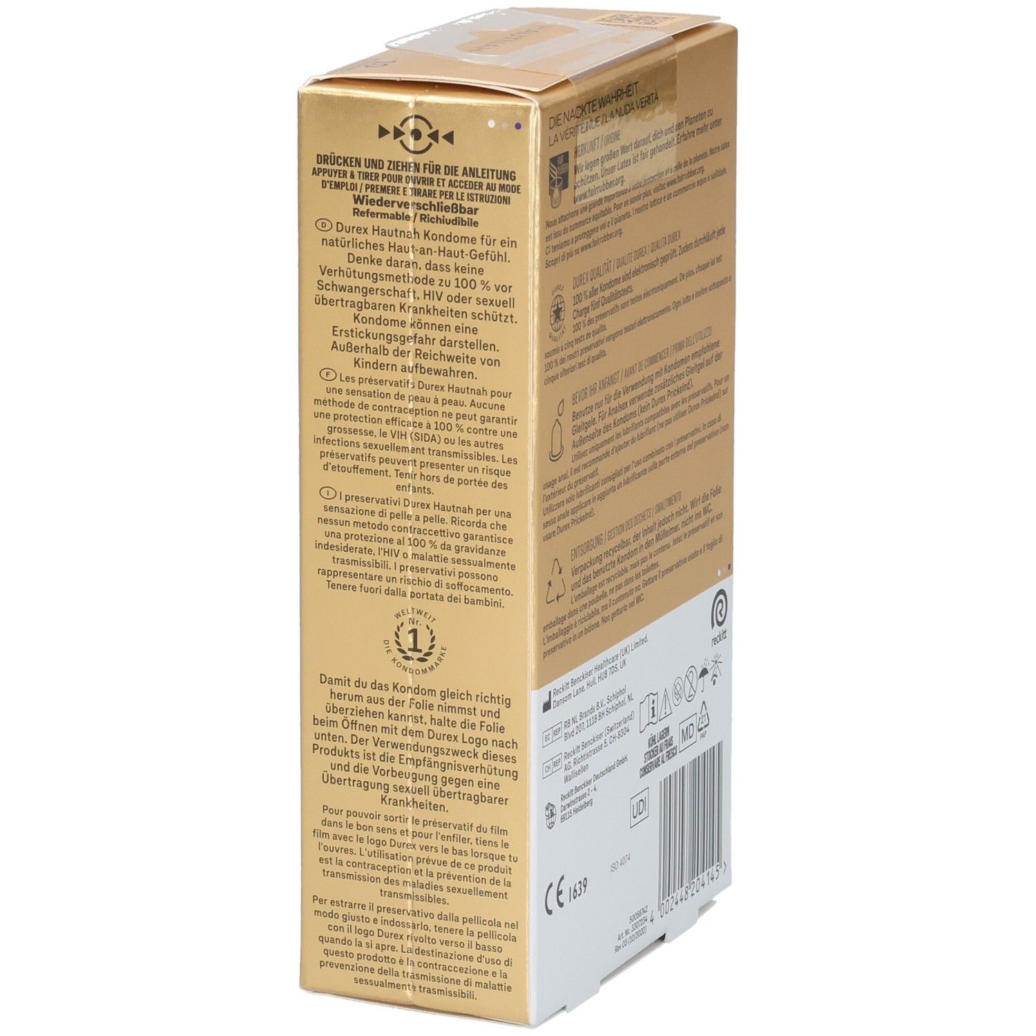 Seitenansicht einer Durex Hautnah Kondompackung mit Anwendungshinweisen und Produktmerkmalen.