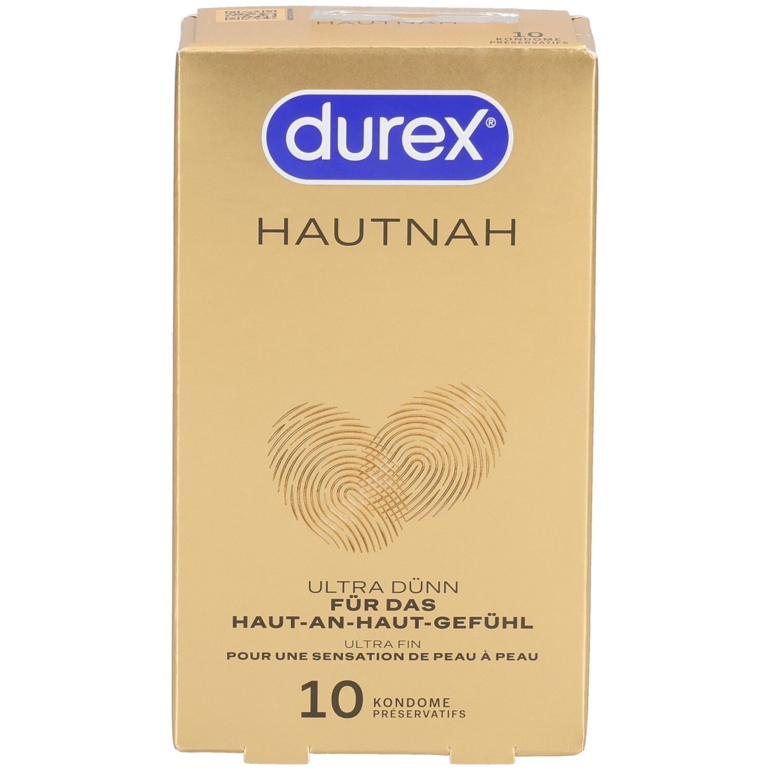 Durex Hautnah Kondompackung, goldfarben, mit Fingerabdruck-Herz und "Ultra Dünn" Aufdruck.