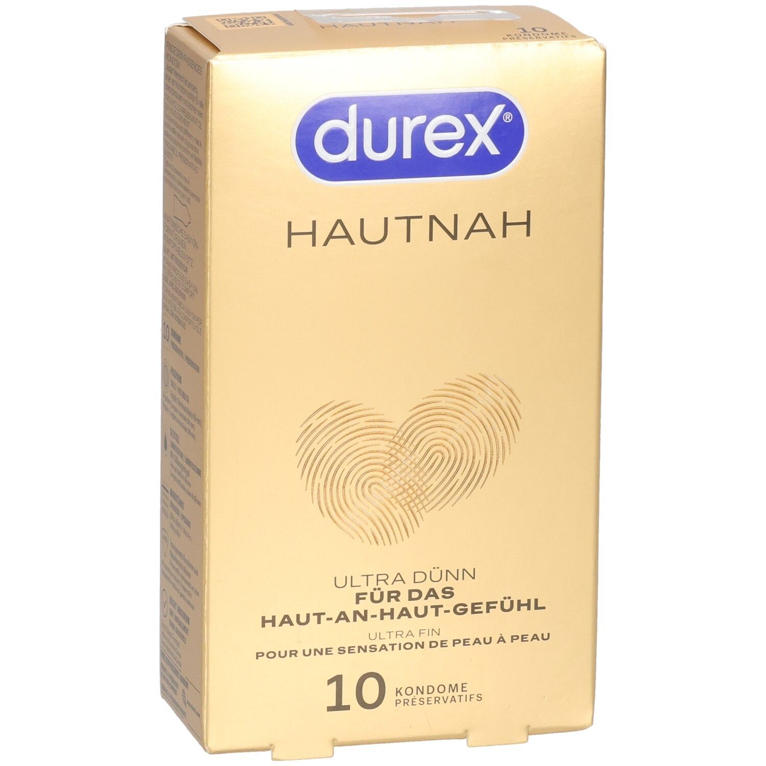 Goldene Durex Hautnah Kondompackung mit Fingerabdruck-Herz-Design und Aufschrift "Ultra Dünn".