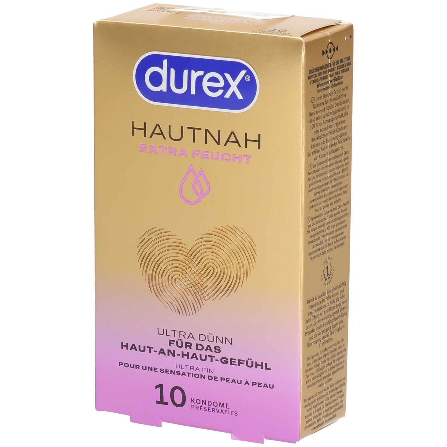 Durex Hautnah Extra Feucht Kondompackung, 10 Stück. Goldfarbene Verpackung mit Herz- und Fingerabdruck-Design.