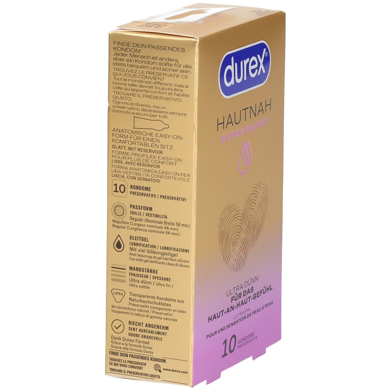 Rückseite einer Durex Hautnah Extra Feucht Kondompackung mit Produktinformationen und Siegeln.