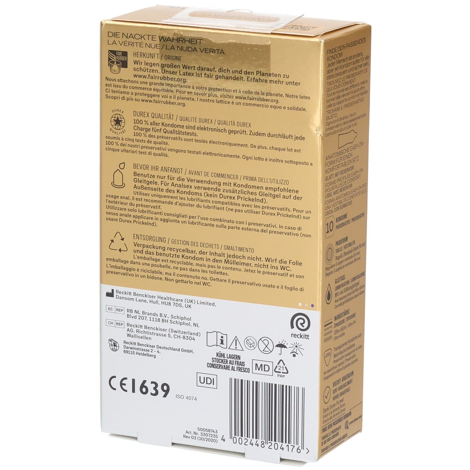 Seitenansicht einer Durex Hautnah Extra Feucht Kondompackung mit CE-Kennzeichnung und Barcode.