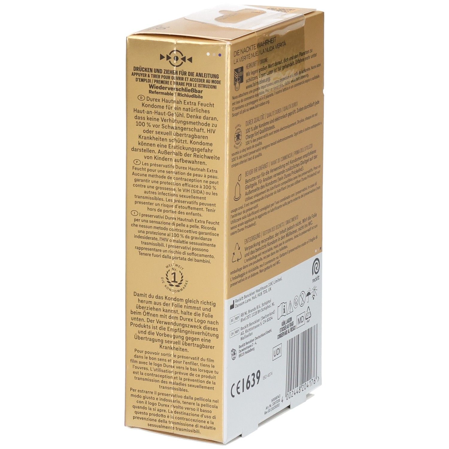Seitenansicht einer Durex Hautnah Extra Feucht Kondompackung mit Anwendungshinweisen und Siegeln.