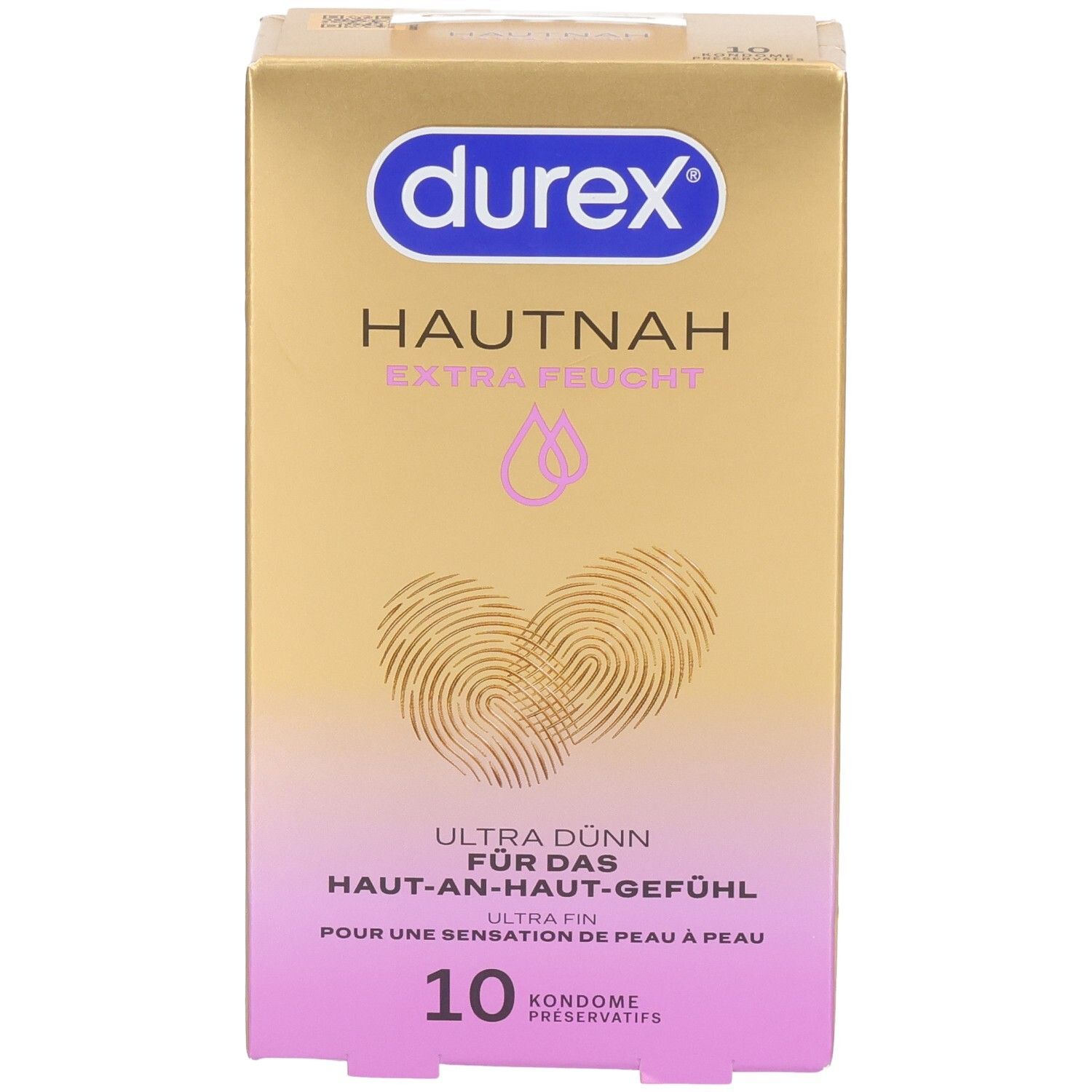 Vorderseite der Durex Hautnah Extra Feucht Kondompackung. Goldfarben, mit Logo und Produktmerkmalen.