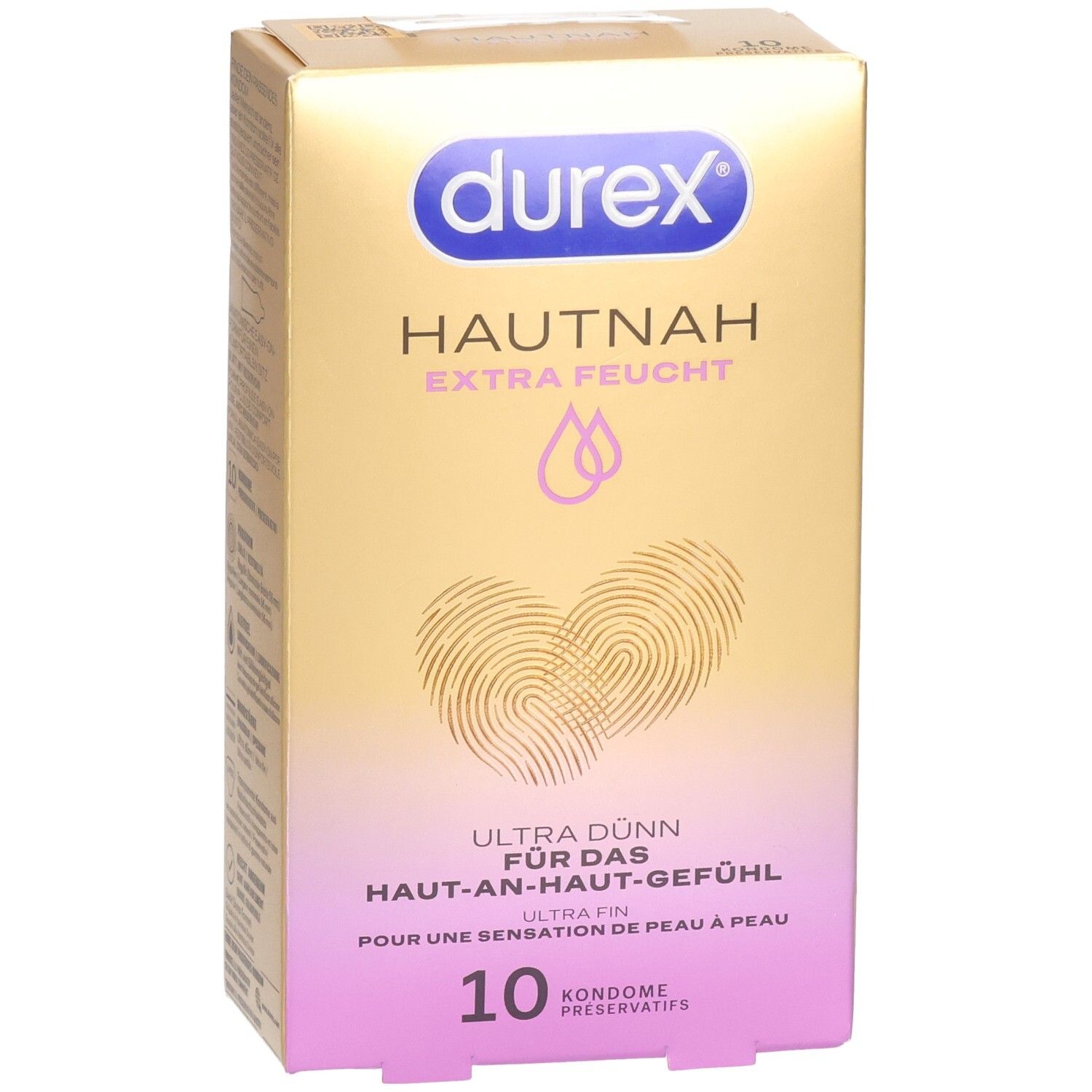 Vorderseite der Durex Hautnah Extra Feucht Kondompackung. Goldfarben, mit Logo und Produktmerkmalen.