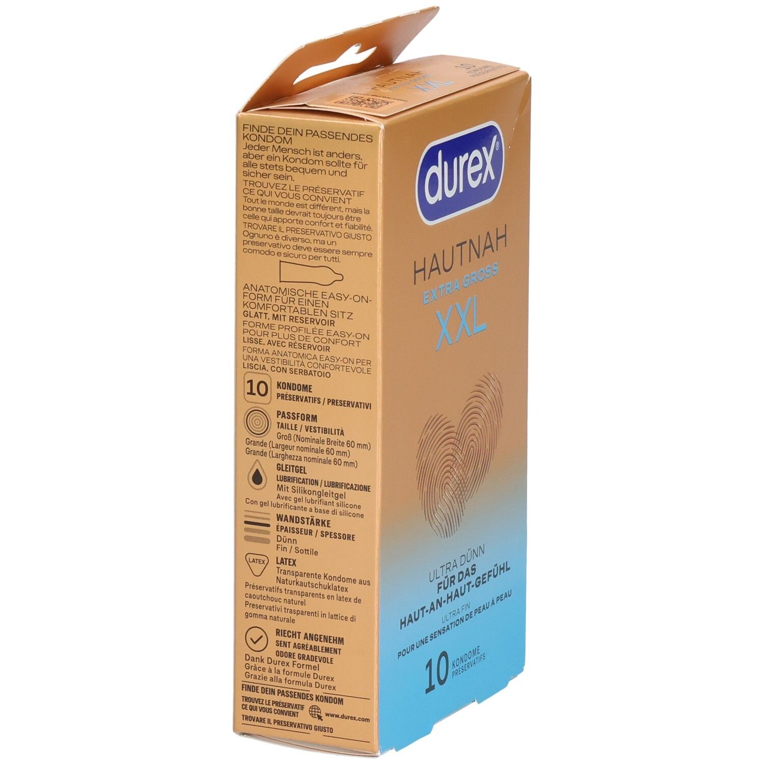 Rückseite einer Durex Hautnah XXL Kondompackung mit Produktinformationen und CE-Kennzeichnung.