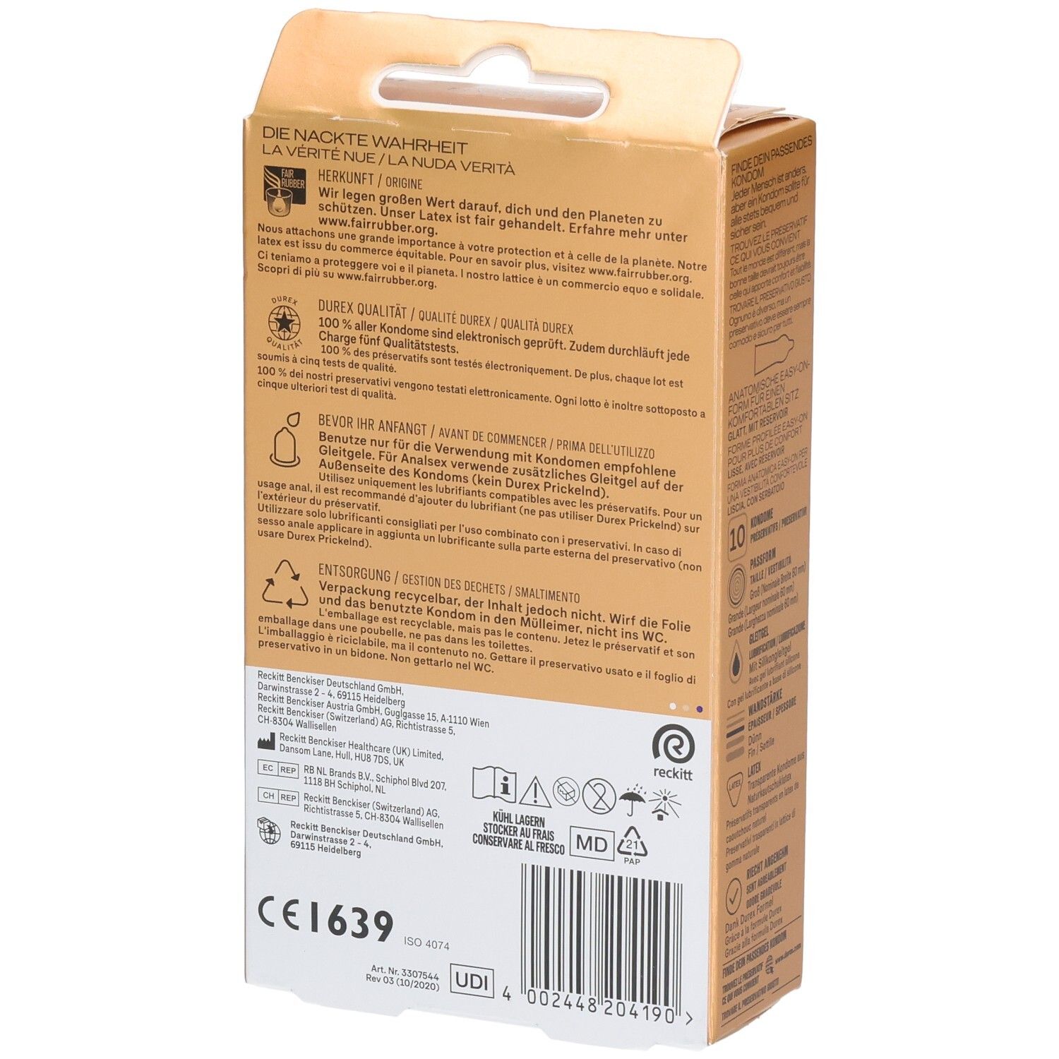 Seitenansicht einer Durex Hautnah XXL Kondompackung mit detaillierten Produktmerkmalen.