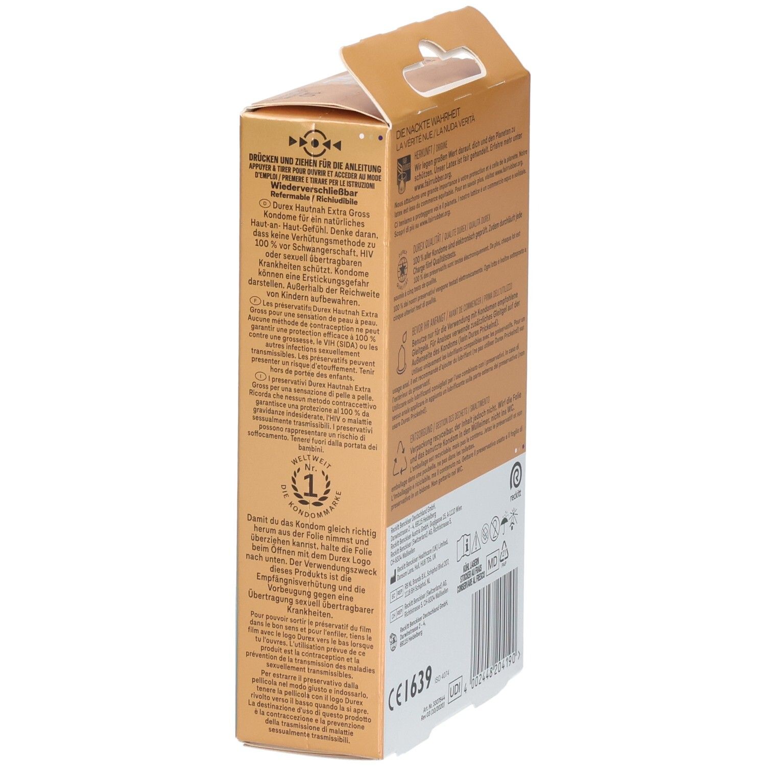 Seitenansicht einer Durex Hautnah XXL Kondompackung mit Anwendungshinweisen und Qualitätsmerkmalen.