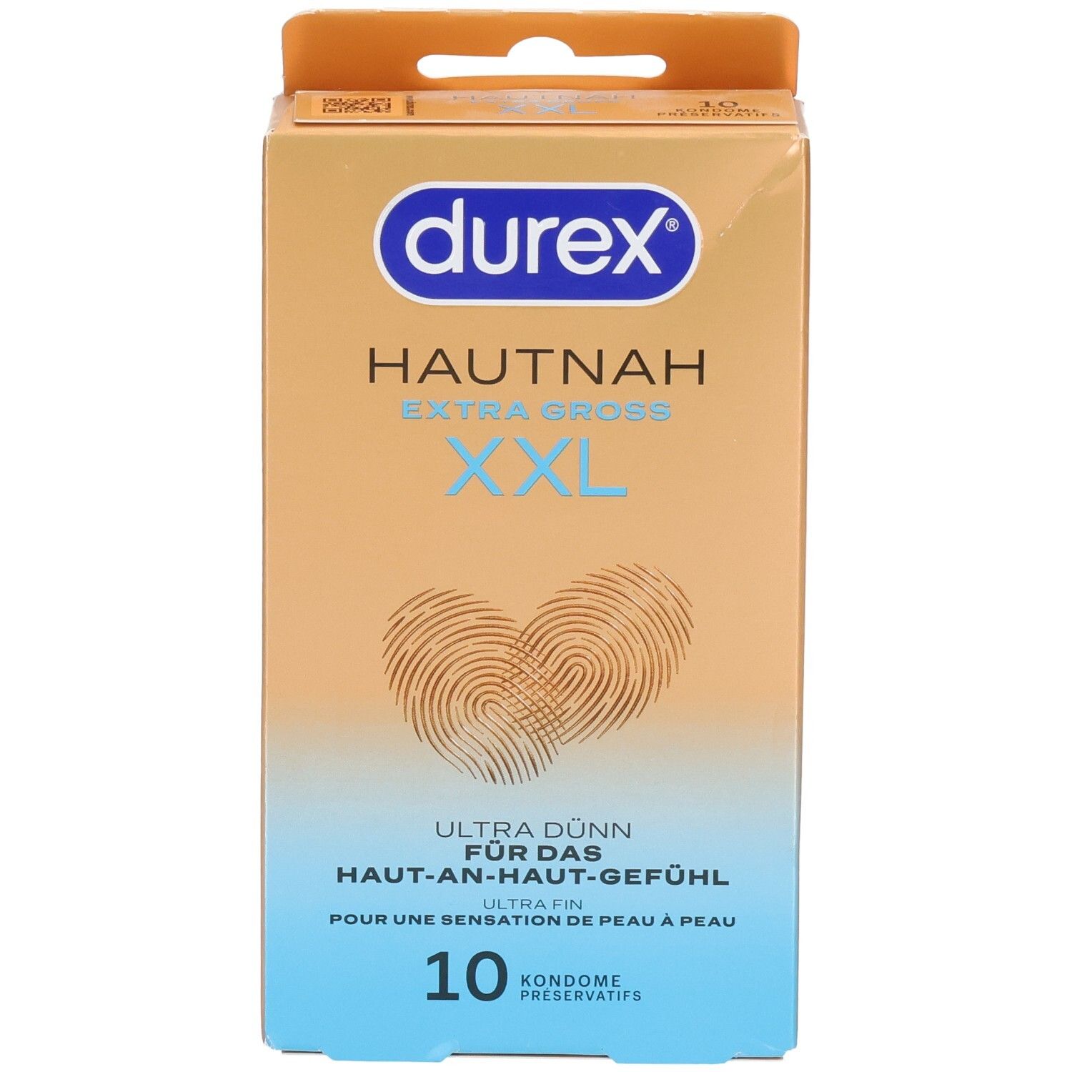 Vorderseite der Durex Hautnah XXL Kondompackung mit Fingerabdruck-Design und Größenangabe XXL.