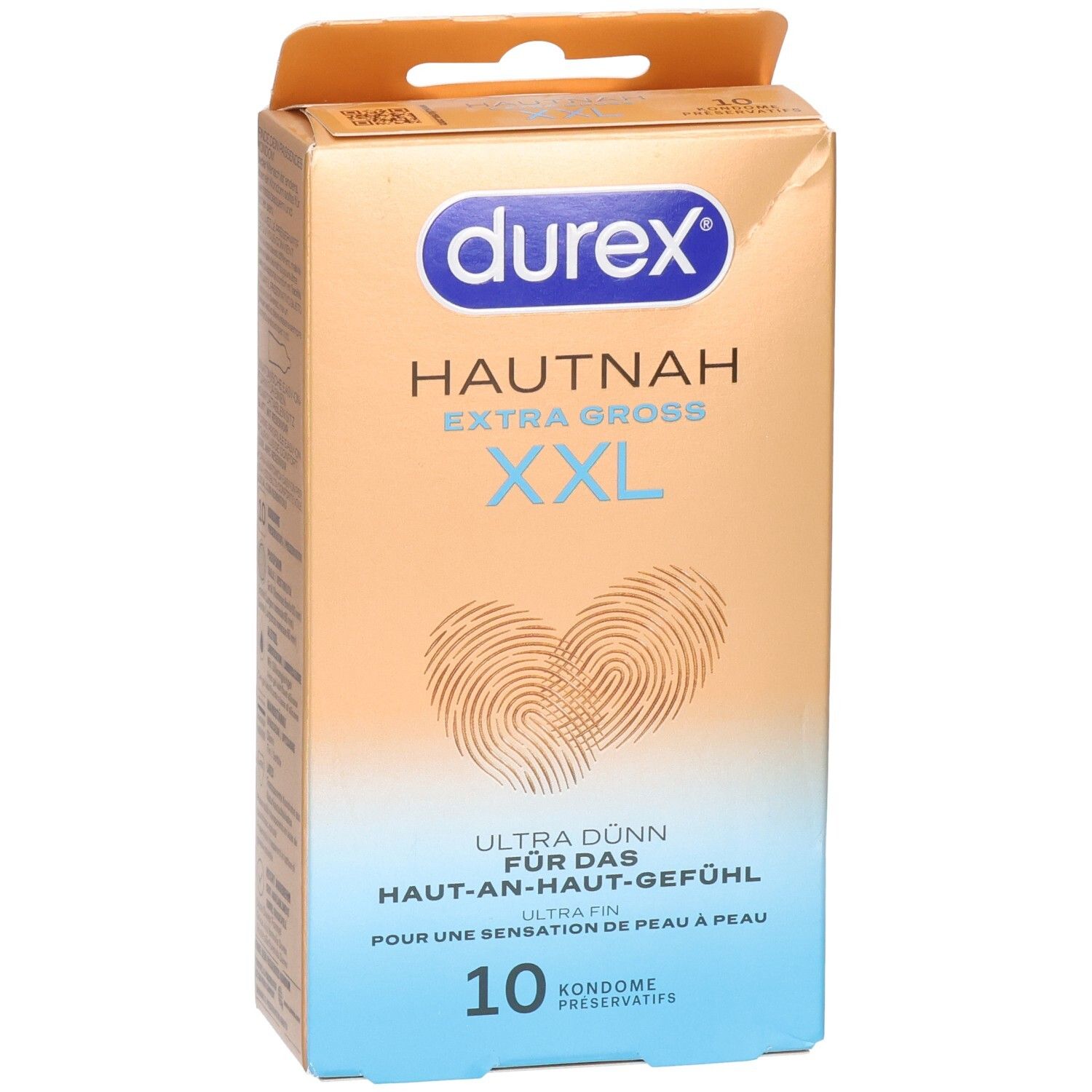 Durex Hautnah XXL Kondompackung, 10 Stück, mit Fingerabdruck-Motiv und Größenangabe XXL.